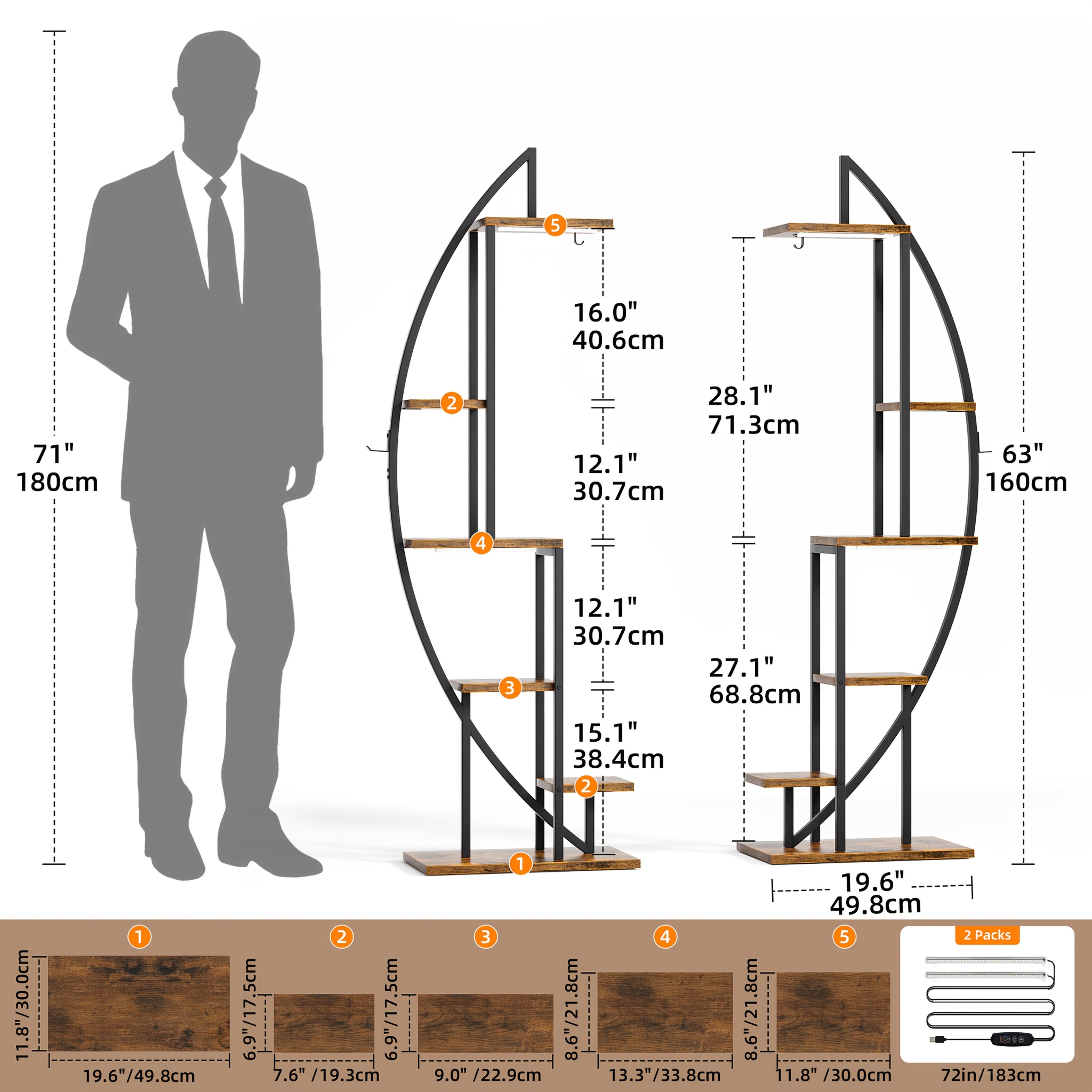 2pcs Bookshelf With Light, 6-tier Display Stands, 63\