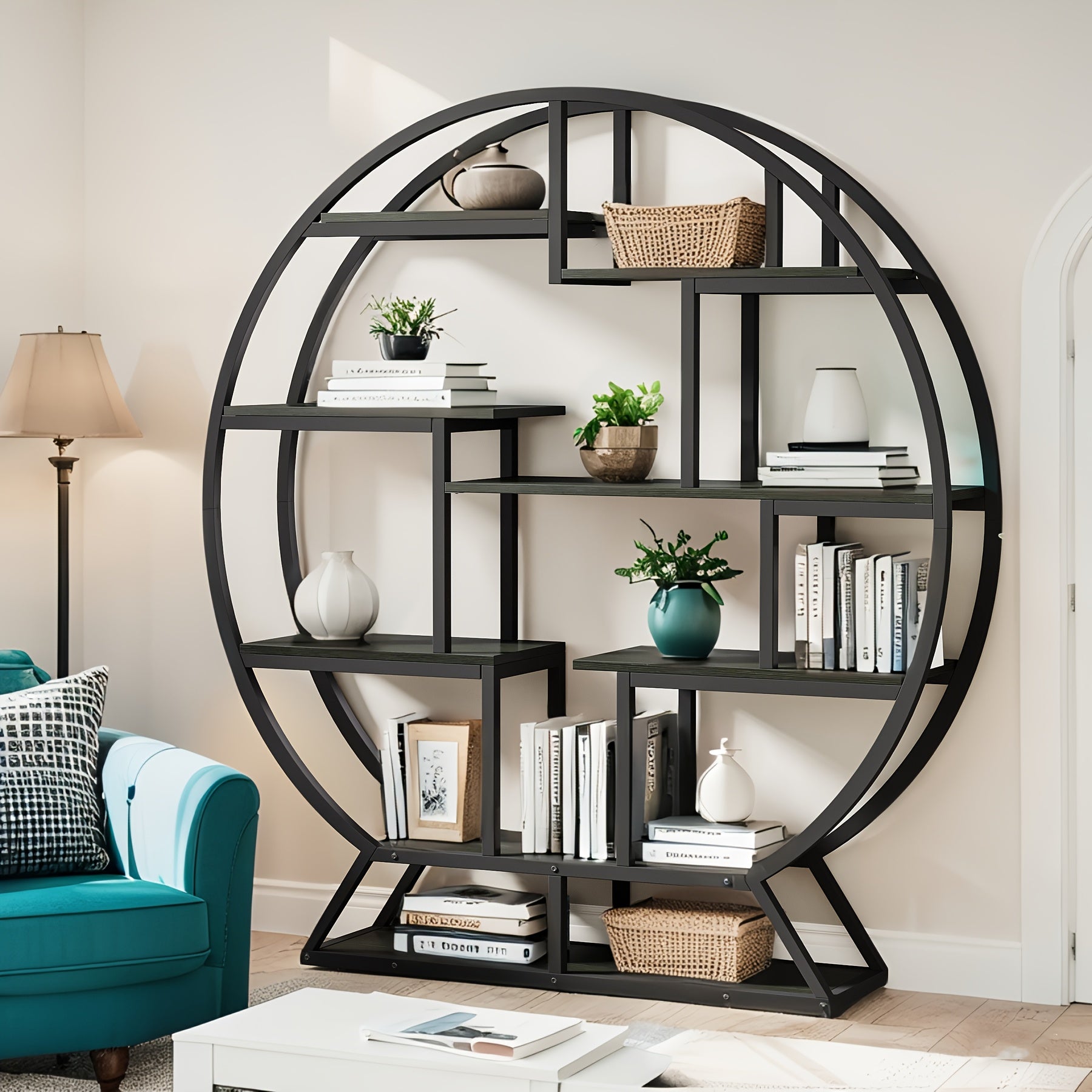 Bookcase Round 8 Tier Bookshelf Open Freestanding Storage Shelf Metal And Wood Plant Stand, Display Stand For Living Room Home Office Entryway Bedroom