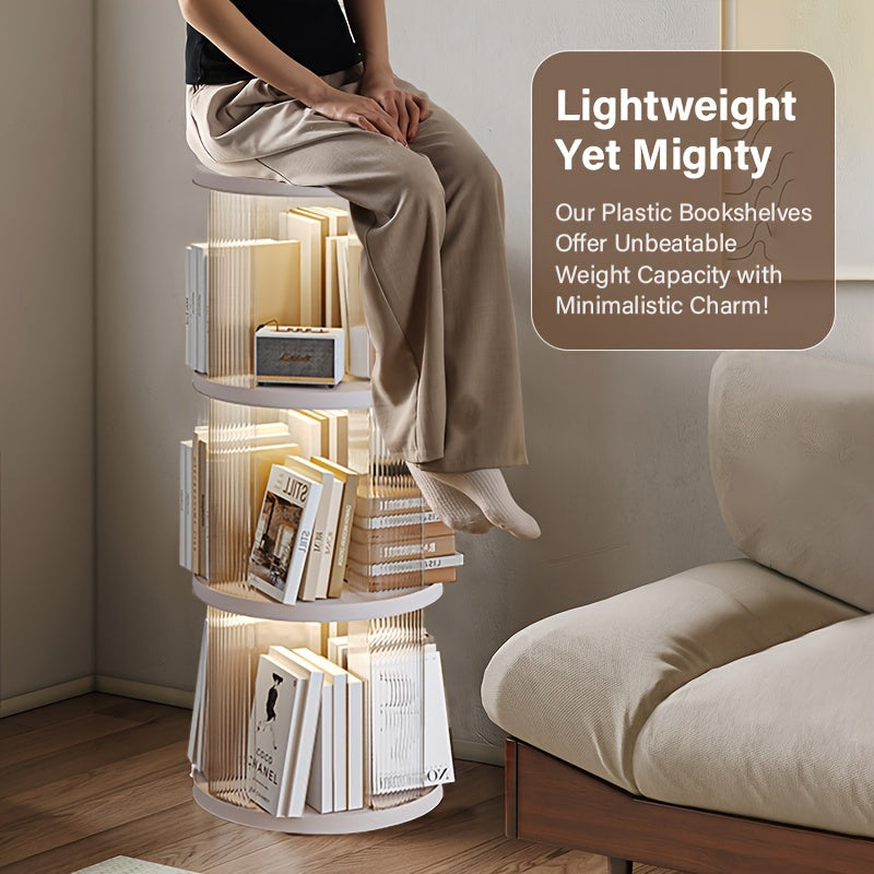 SYNCVIBE Rotating Bookshelf, Small Corner Bookshelf For Small Space, 360 Display 4 Tier Floor Standing Bookcase, Plastic Narrow Book Shelf Organizer For Bedroom, Living Room, White