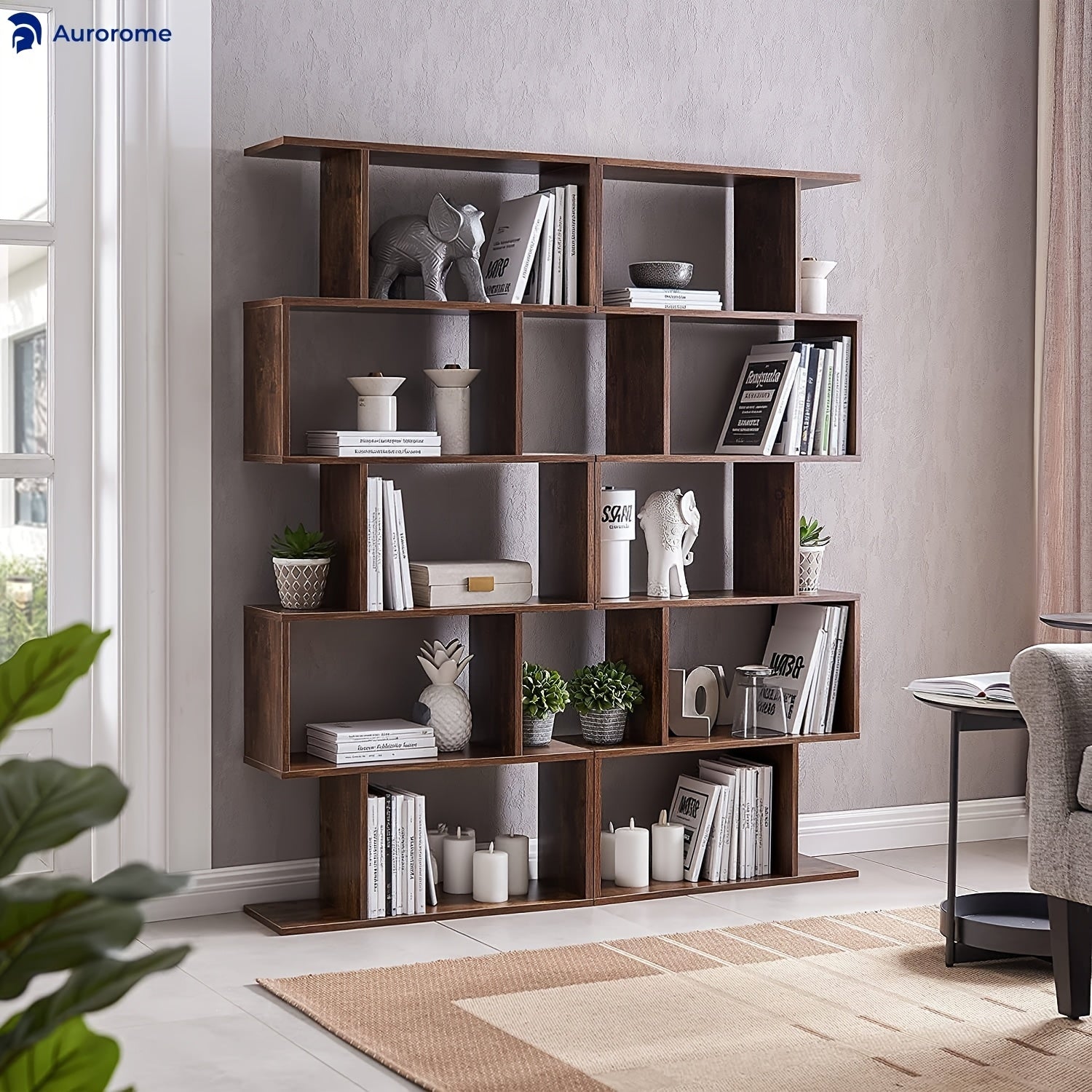 Aurorome 5-Tier Wooden Geometric S-Shaped Bookcase, Set Of 2 Storage Rack with Open Shelves, Shelving for Plant Album, Trinket Display, Spacious Storage Display Shelf - 62.5\