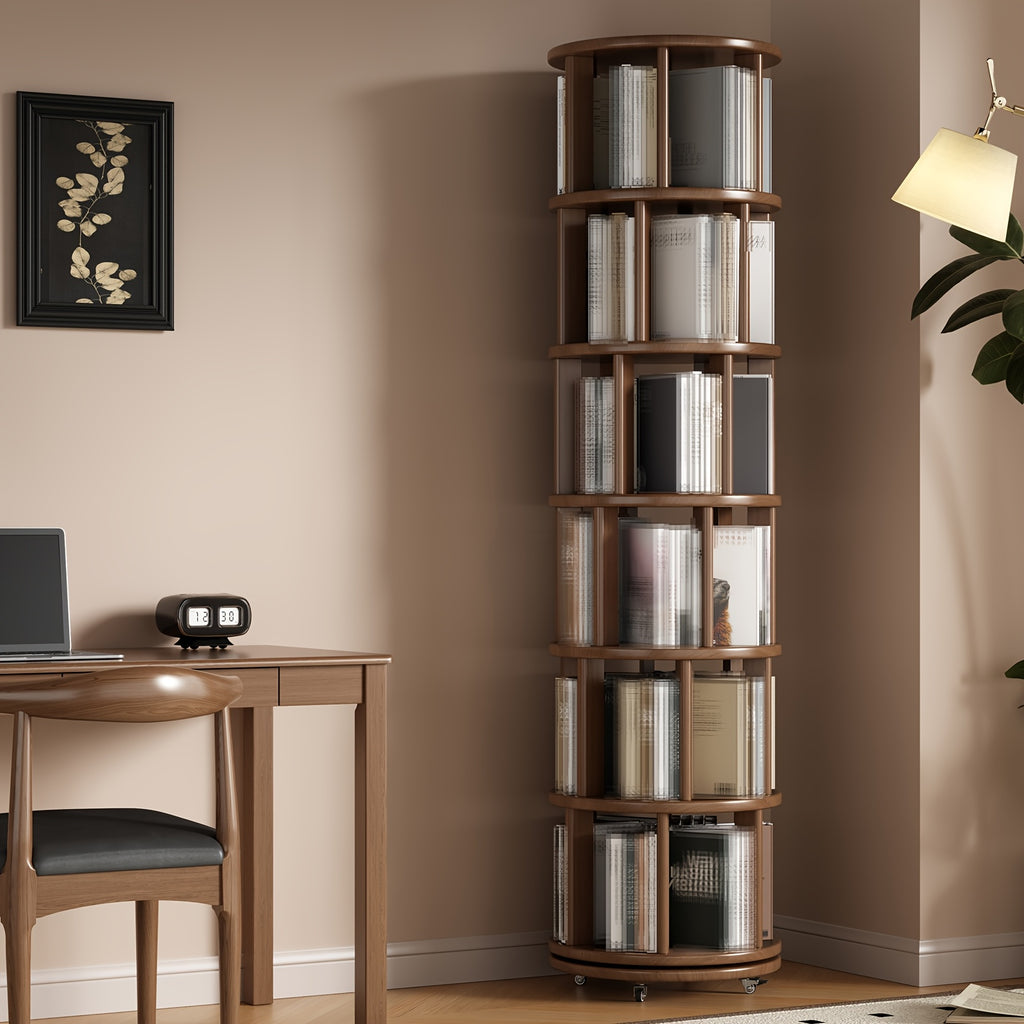 Furniture For Home Solid Wood Rotating Bookshelf With Brake Wheels In Classic Walnut, 360° Display 6 Tier Stackable Spinning Bookshelf Tower, Revolving Bookcase For Small Space Free Shipping