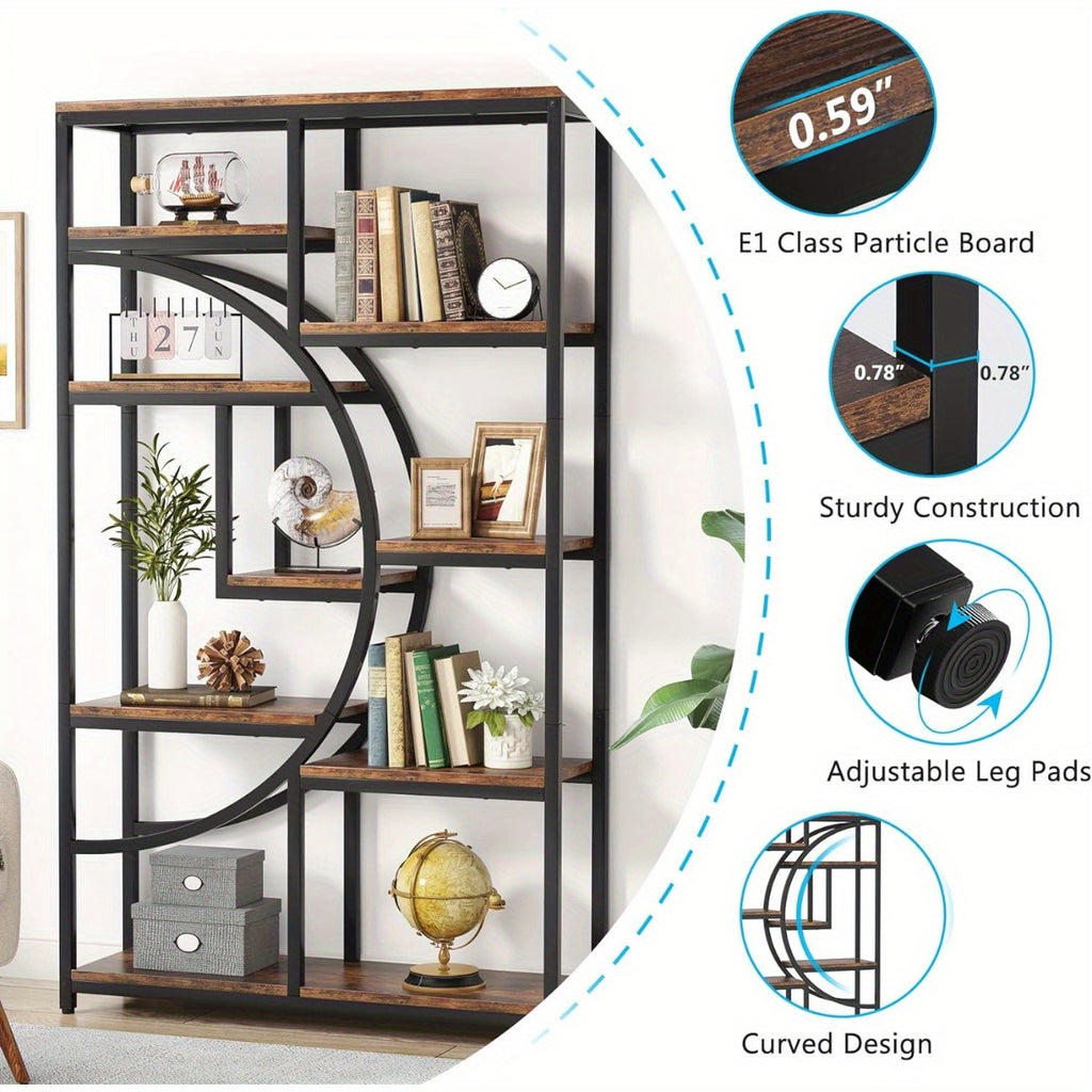 Industrial Bookshelf Tall 5 Tier Industrial Bookshelf - Freestanding Display Shelf Storage Organizer with 9-Open Storage Shelf for Living Room, Bedroom, Standing Shelf