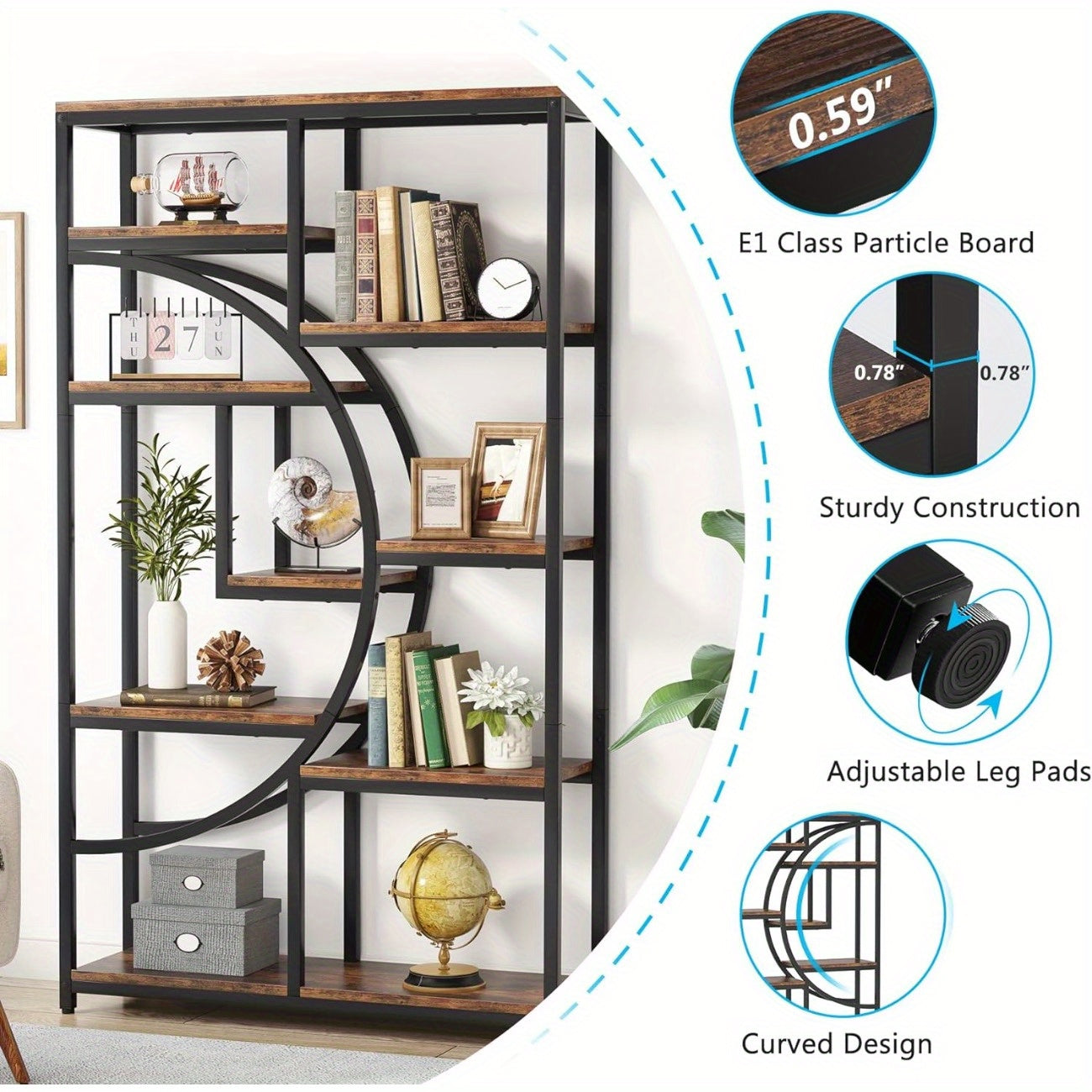 Industrial Bookshelf Tall 5 Tier Industrial Bookshelf - Freestanding Display Shelf Storage Organizer with 9-Open Storage Shelf for Living Room, Bedroom, Standing Shelf