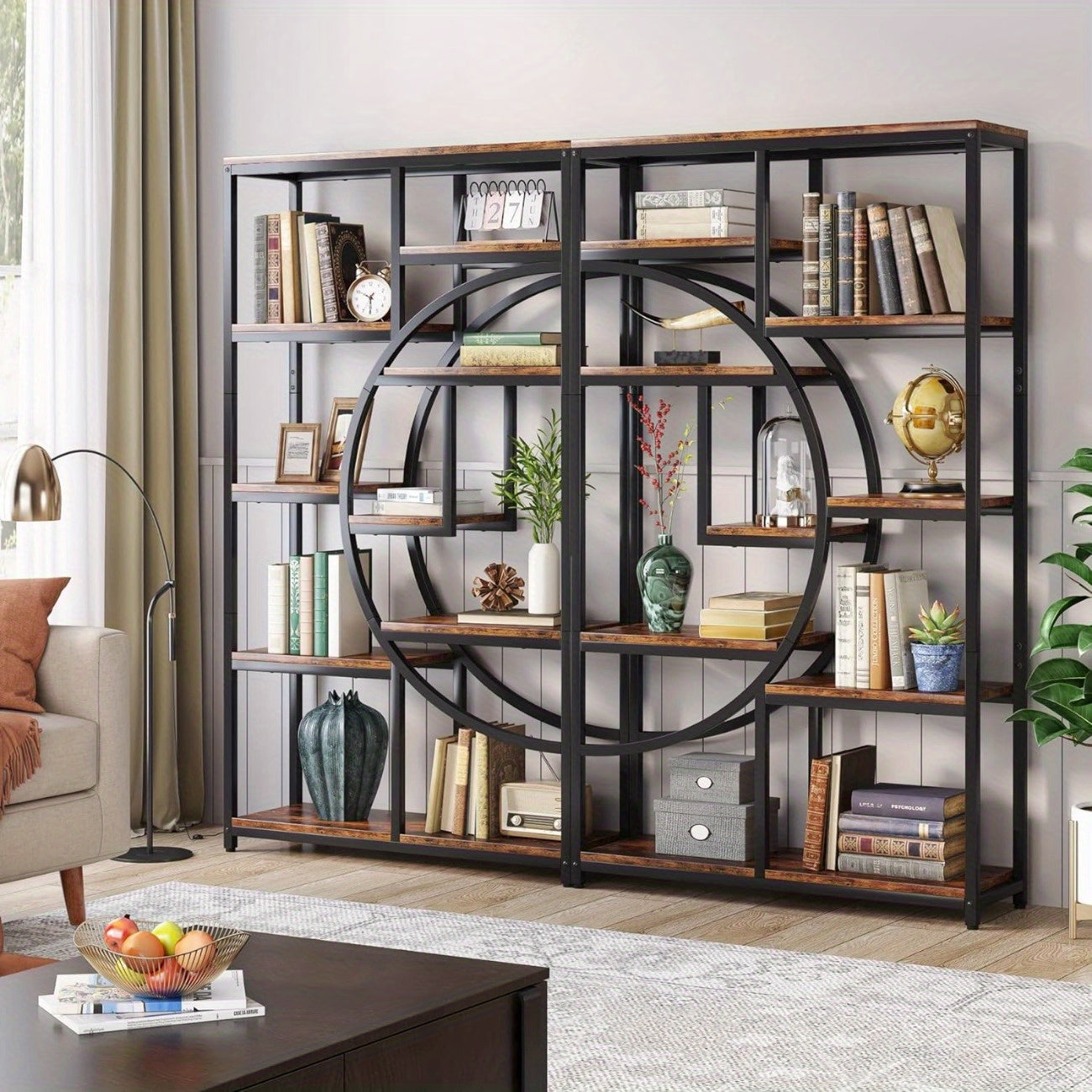 Industrial Bookshelf Tall 5 Tier Industrial Bookshelf - Freestanding Display Shelf Storage Organizer with 9-Open Storage Shelf for Living Room, Bedroom, Standing Shelf