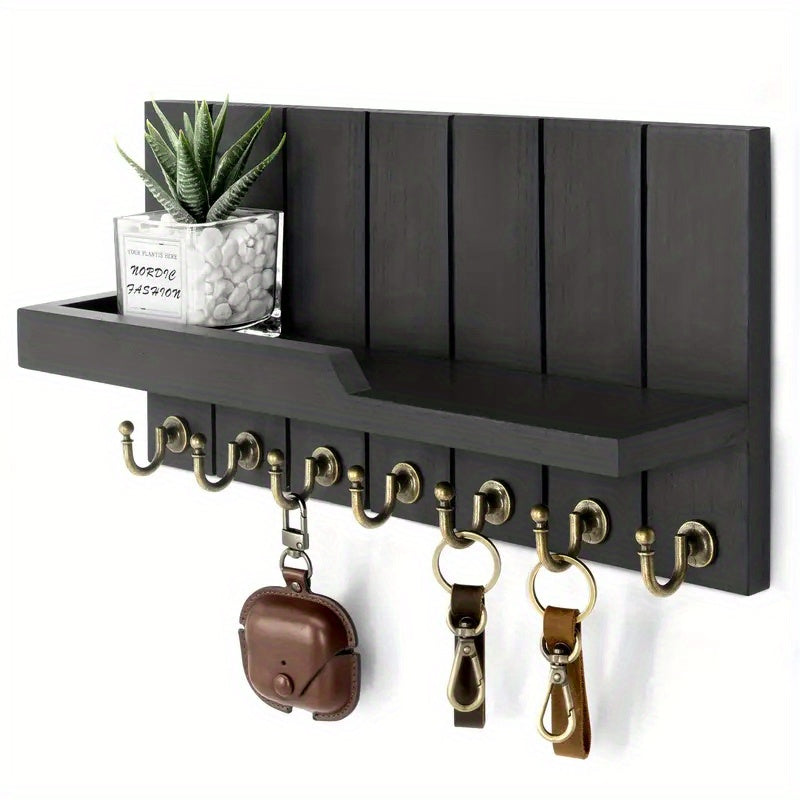 1pc Wall Mounted Wooden Key Rack with 7 Key Hooks Wall Mounted Storage Rack, Entry Key Rack Shelf, Mail Decorations Sundries Multi-Purpose Storage Organizer, Home Design Shelf for Family Room Wall Decoration