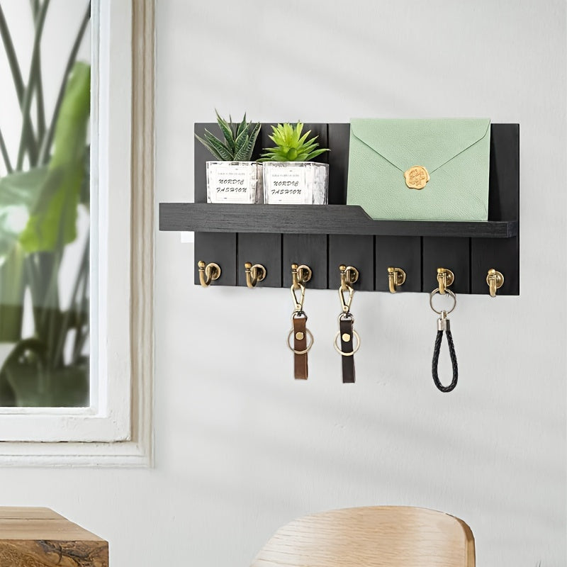 1pc Wall Mounted Wooden Key Rack with 7 Key Hooks Wall Mounted Storage Rack, Entry Key Rack Shelf, Mail Decorations Sundries Multi-Purpose Storage Organizer, Home Design Shelf for Family Room Wall Decoration