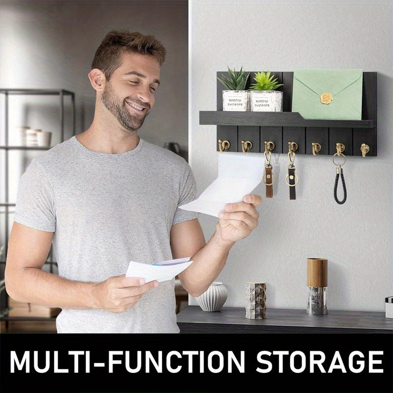 1pc Wall Mounted Wooden Key Rack with 7 Key Hooks Wall Mounted Storage Rack, Entry Key Rack Shelf, Mail Decorations Sundries Multi-Purpose Storage Organizer, Home Design Shelf for Family Room Wall Decoration