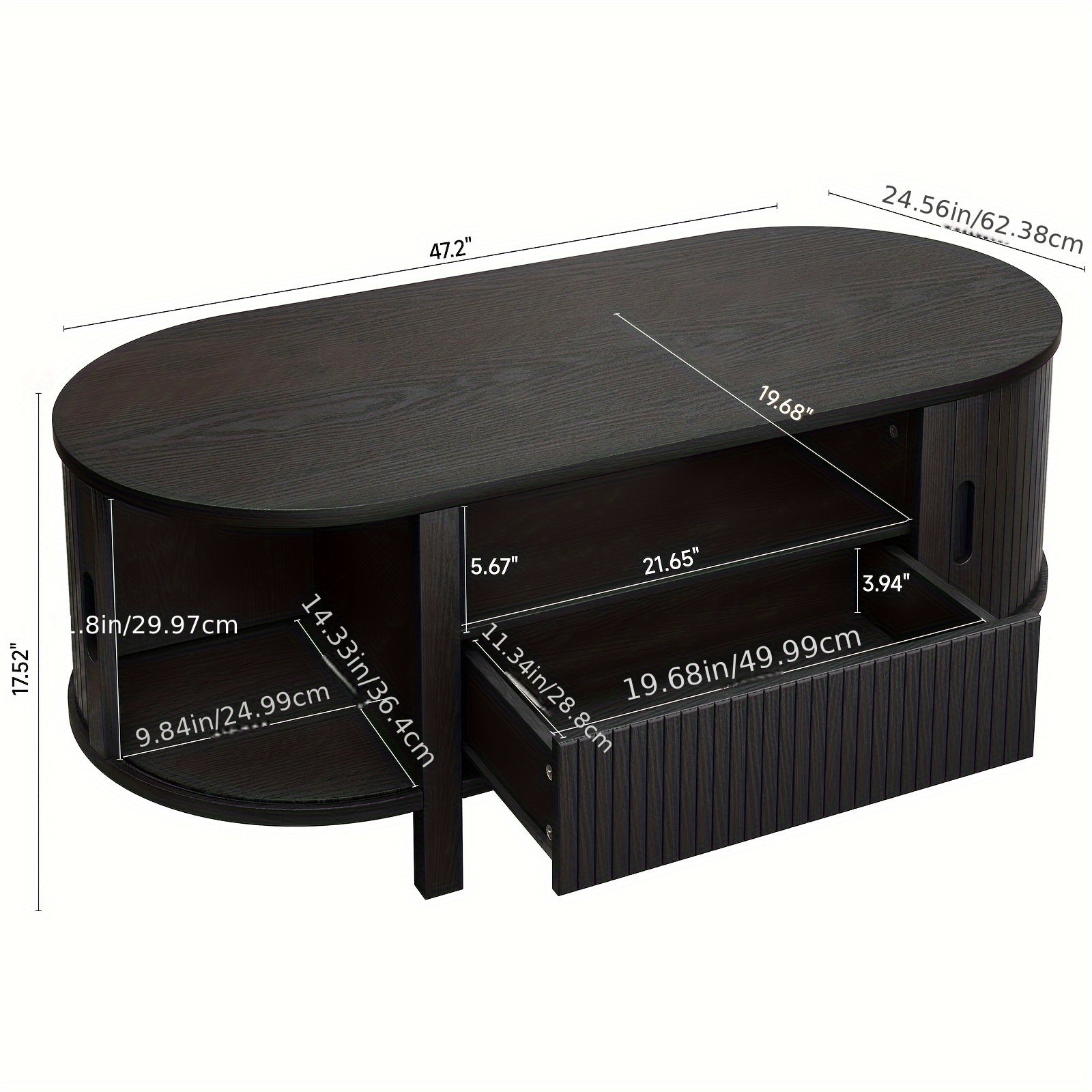 47.2 Inch Oval Coffee Table With Storage, Mid Century Modern Coffee Table With Drawer, Center Tables With Sliding Door And Wood Fluted Handle For Living Room, Walnut\u002FBlackNatural White