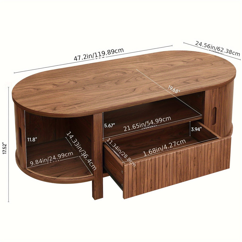 47.2 Inch Oval Coffee Table With Storage, Mid Century Modern Coffee Table With Drawer, Center Tables With Sliding Door And Wood Fluted Handle For Living Room, Walnut\u002FBlackNatural White