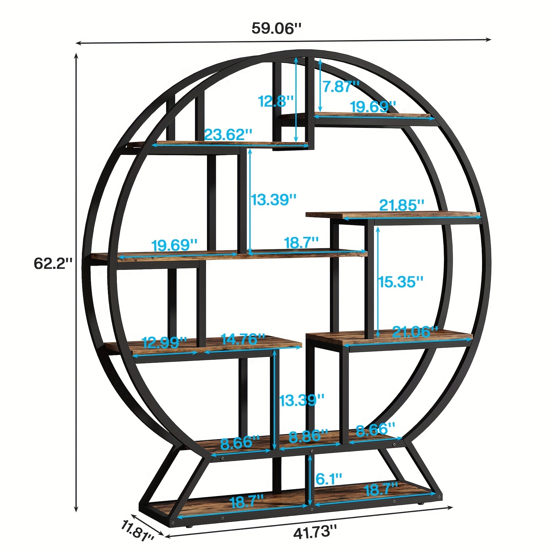 Bookcase Round 8 Tier Bookshelf Open Freestanding Storage Shelf Metal And Wood Plant Stand, Display Stand For Living Room Home Office Entryway Bedroom