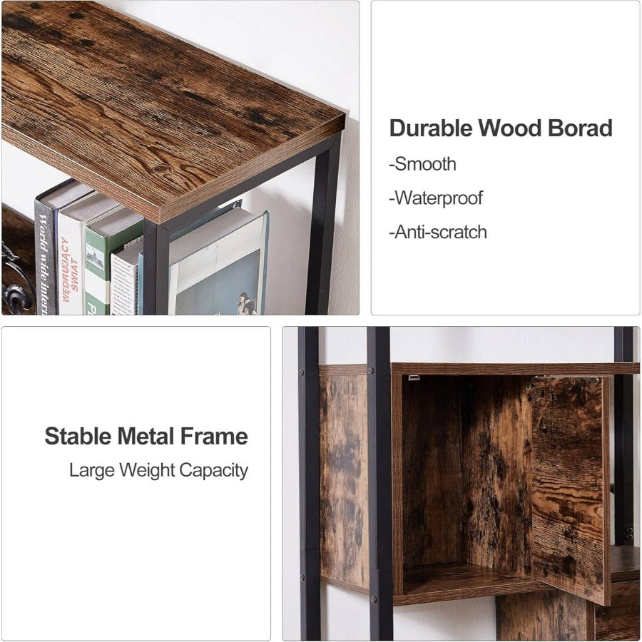 5 - Tier Bookshelf, Bookcase with 2 Storage Drawers and 1 Cabinet, Wooden Shelf with Metal Frame Open Book Shelves Standing Shelf Unit Living Room, Bedroom, Office