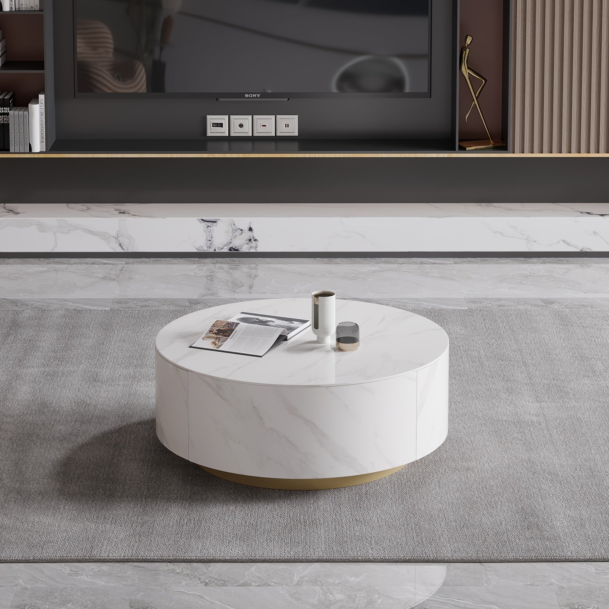 1pc Sdorens Modern Round Coffee Table with 2 Drawers - Sintered Stone Top, Golden Base, Wood Construction, Independent Center Table for Living Room, Fully Assembled, Black, Under 27\