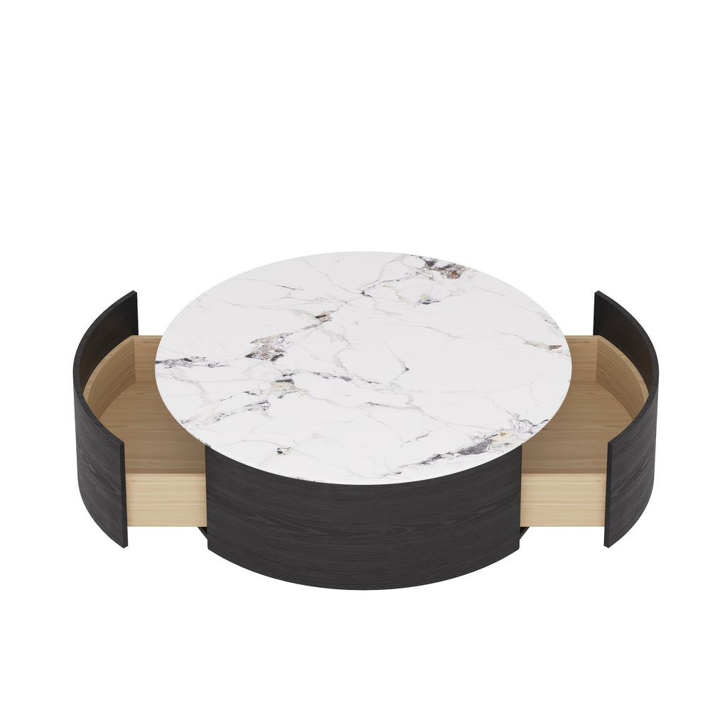 1pc Sdorens Modern Round Coffee Table with 2 Drawers - Sintered Stone Top, Golden Base, Wood Construction, Independent Center Table for Living Room, Fully Assembled, Black, Under 27\