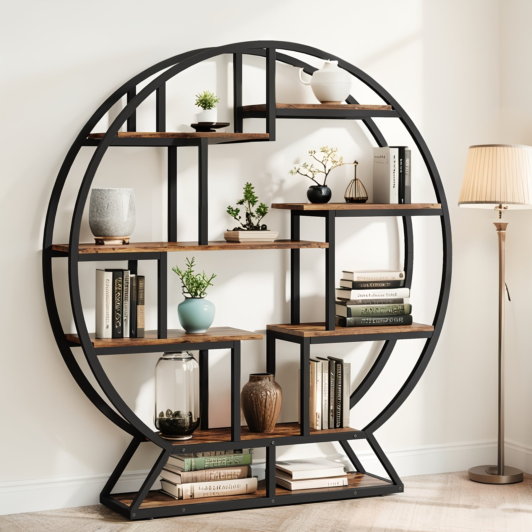 Bookcase Round 8 Tier Bookshelf Open Freestanding Storage Shelf Metal And Wood Plant Stand, Display Stand For Living Room Home Office Entryway Bedroom