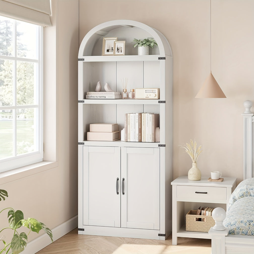 Farmhouse Cabinet with Shelves Bookcase with Doors Arched Bookshelf 71.65 Inch High Bookcase for Home Office, Living Room