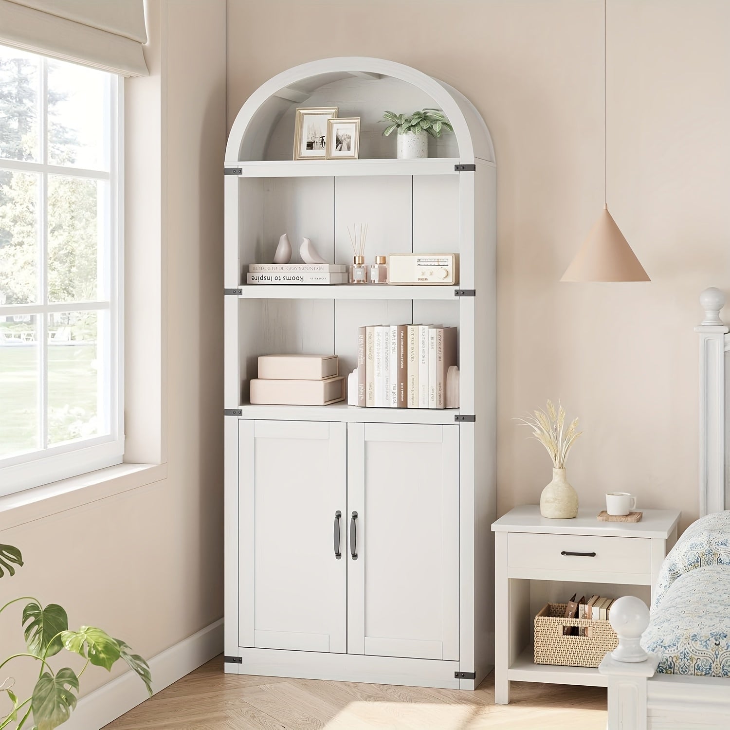 Farmhouse Cabinet with Shelves Bookcase with Doors Arched Bookshelf 71.65 Inch High Bookcase for Home Office, Living Room