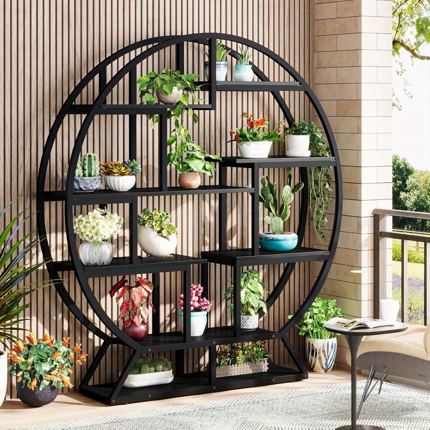 63-inch Industrial Wood Round Bookshelf, Rustic Open Shelving Organizer for Home Office, Living Room, Black