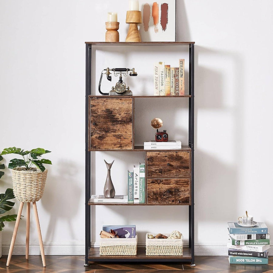 5 - Tier Bookshelf, Bookcase with 2 Storage Drawers and 1 Cabinet, Wooden Shelf with Metal Frame Open Book Shelves Standing Shelf Unit Living Room, Bedroom, Office