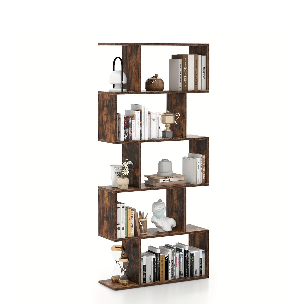 5-Tier Geometric S-Shaped Bookcase, Rustic Wooden Room Divider Storage Display Shelf, 62.5\