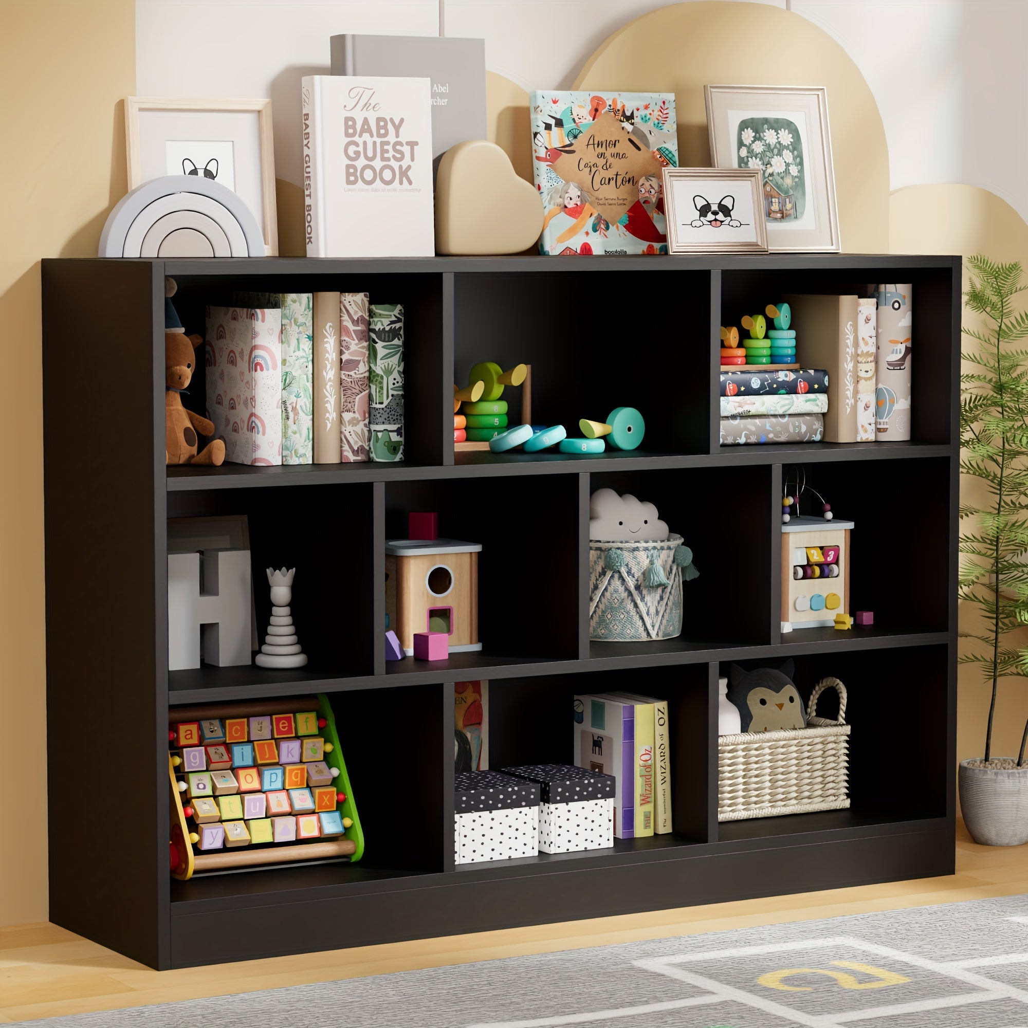 ClickClack Bookshelf, 3-Tier Open Shelf Bookcase, 10 Cube Storage Organizer with Anti-Tilt Device for Bedroom, Living Room