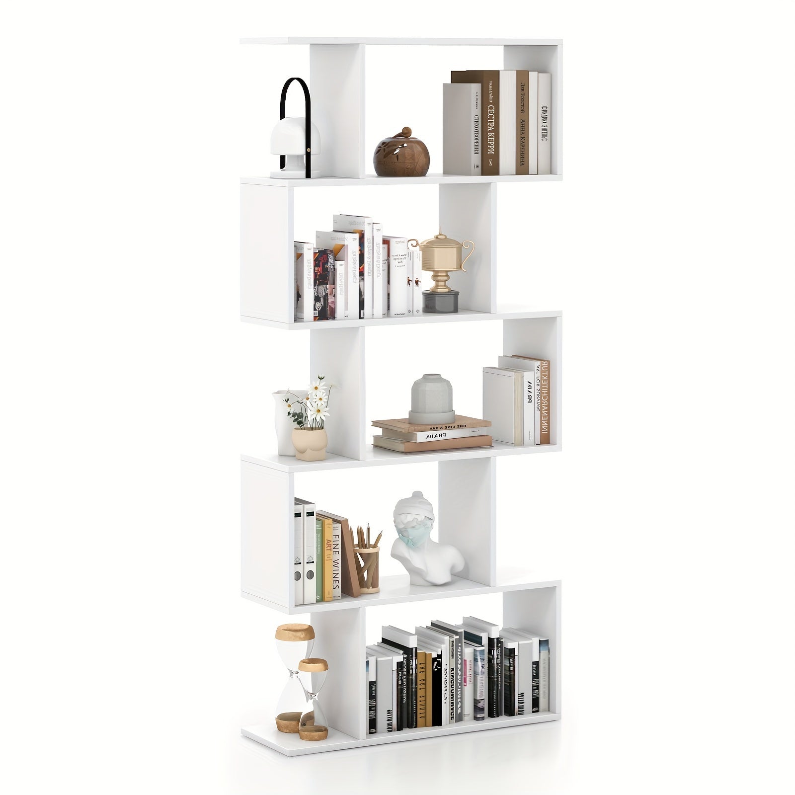 5-Tier Geometric S-Shaped Bookcase, Rustic Wooden Room Divider Storage Display Shelf, 62.5\
