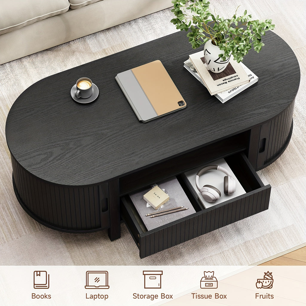 47.2 Inch Oval Coffee Table With Storage, Mid Century Modern Coffee Table With Drawer, Center Tables With Sliding Door And Wood Fluted Handle For Living Room, Walnut\u002FBlackNatural White
