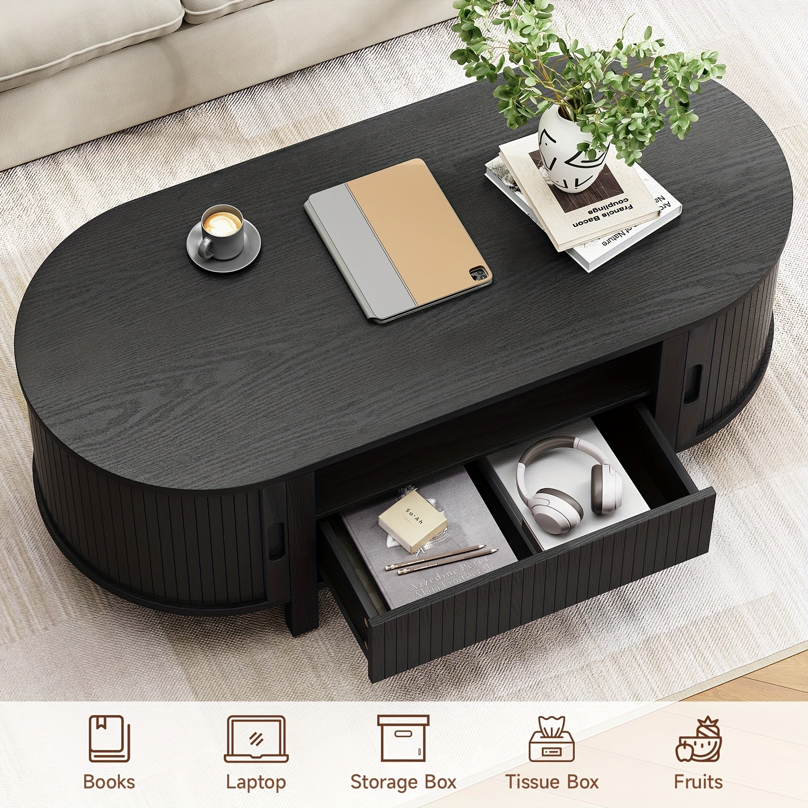 47.2 Inch Oval Coffee Table With Storage, Mid Century Modern Coffee Table With Drawer, Center Tables With Sliding Door And Wood Fluted Handle For Living Room, Walnut\u002FBlackNatural White