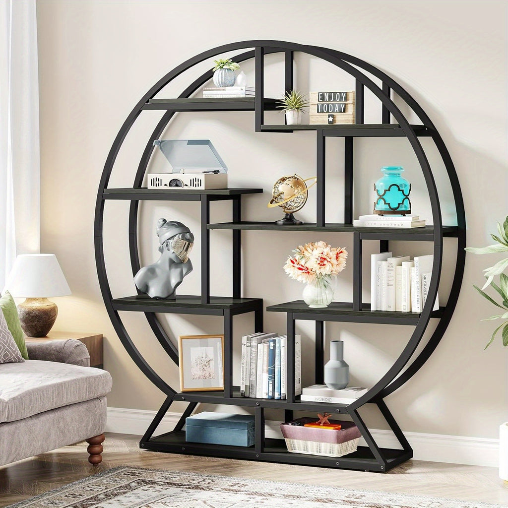 63-inch Industrial Wood Round Bookshelf, Rustic Open Shelving Organizer for Home Office, Living Room, Black