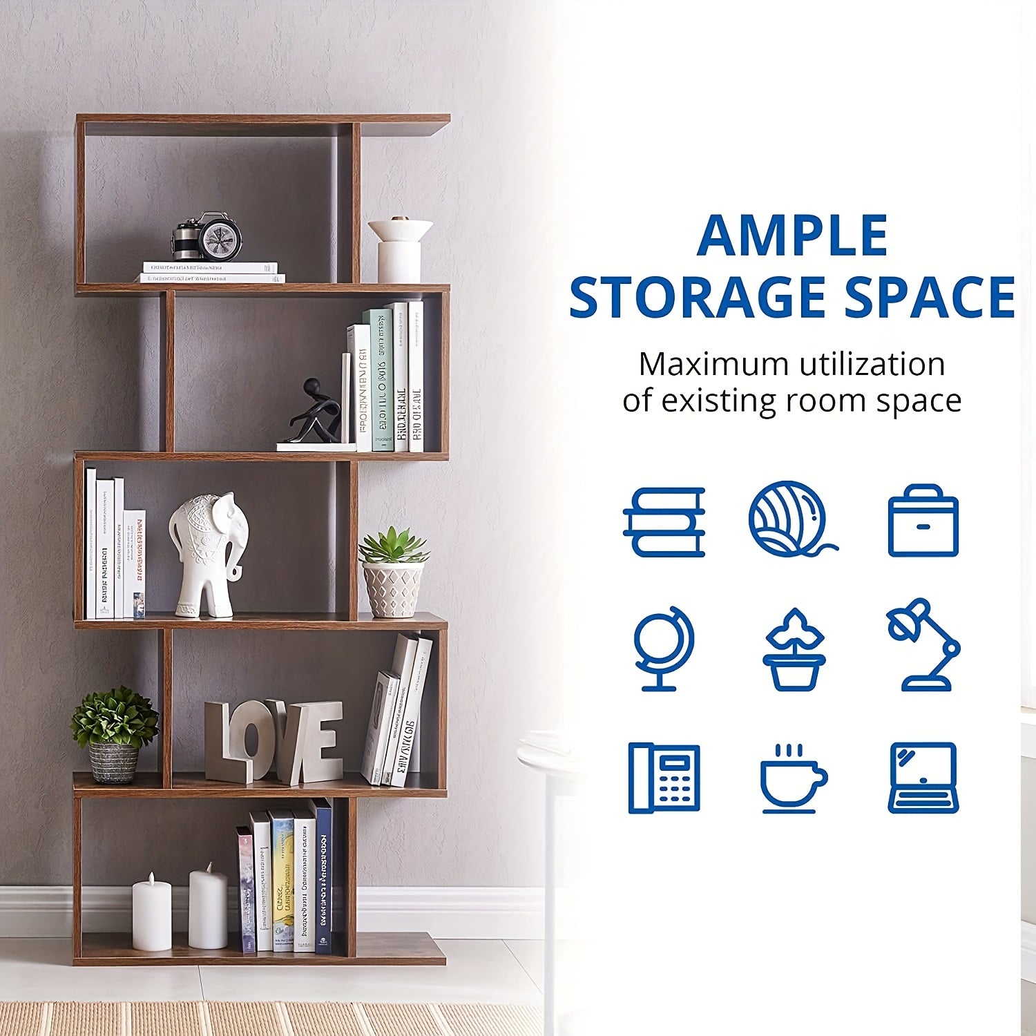 Aurorome 5-Tier Wooden Geometric S-Shaped Bookcase, Set Of 2 Storage Rack with Open Shelves, Shelving for Plant Album, Trinket Display, Spacious Storage Display Shelf - 62.5\