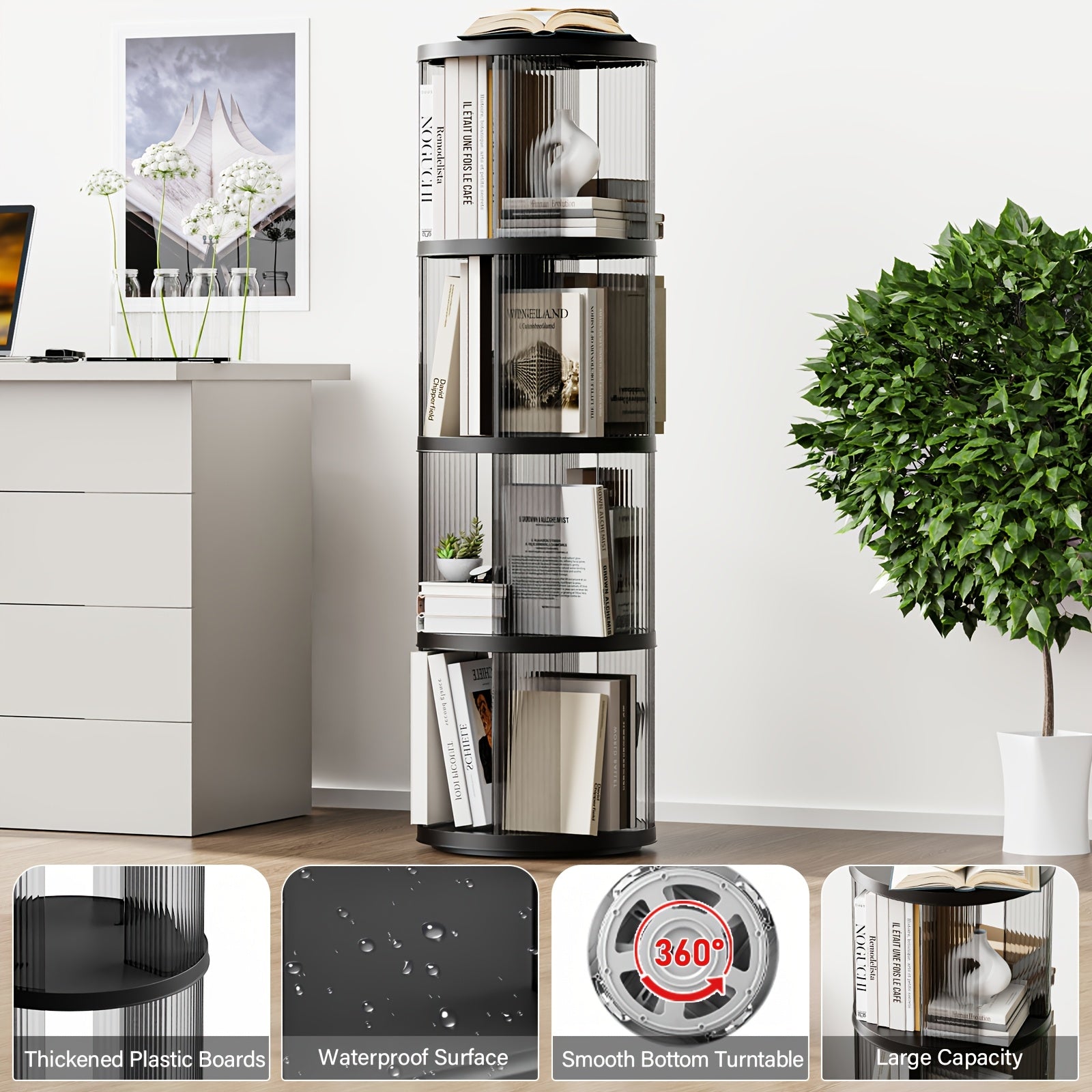 SYNCVIBE Rotating Bookshelf, Small Corner Bookshelf For Small Space, 360 Display 4 Tier Floor Standing Bookcase, Plastic Narrow Book Shelf Organizer For Bedroom, Living Room, White