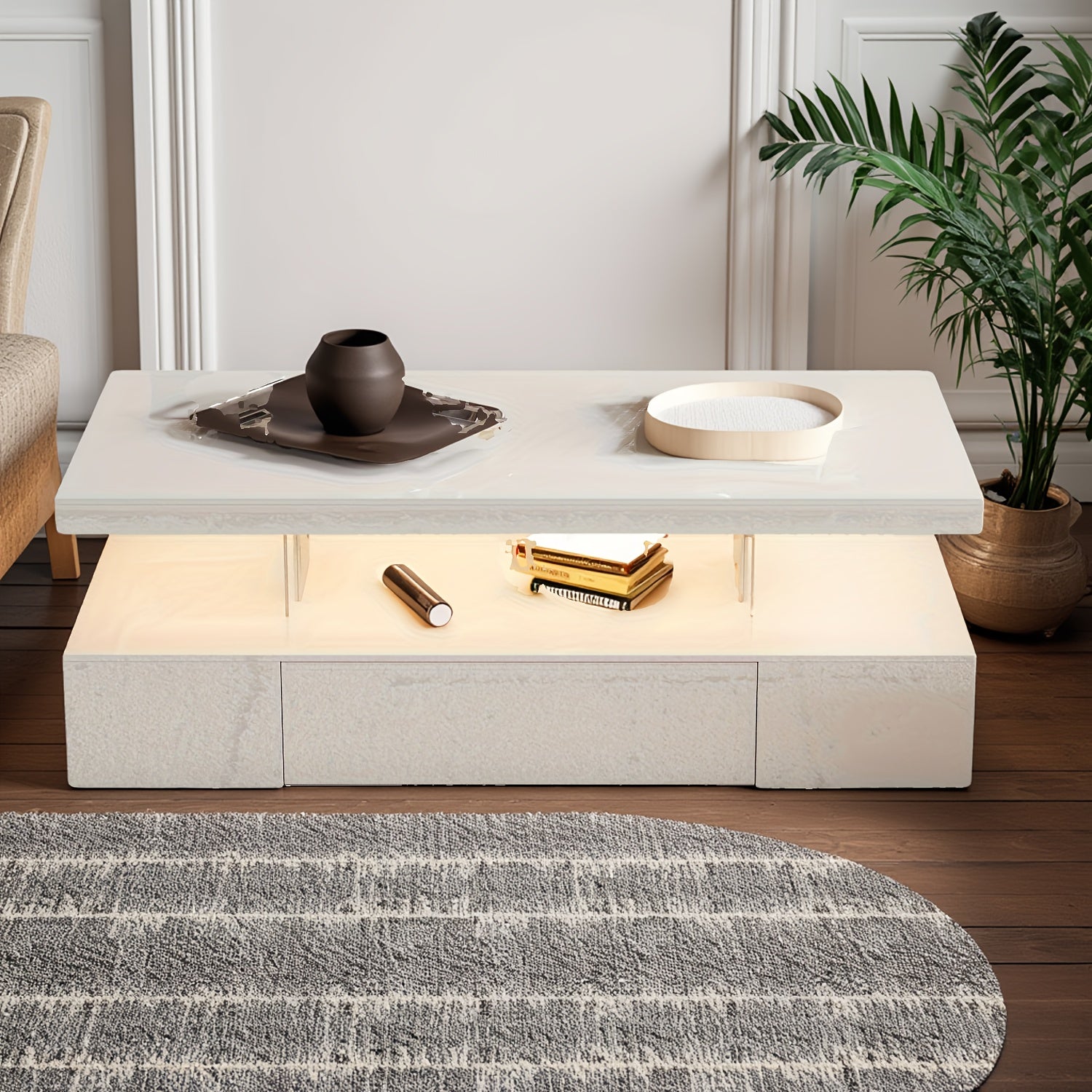 Modern LED Coffee Table With Adjustable Lighting - High-Gloss, Durable Wooden Centerpiece For Living Room & Bedroom, Easy Assembly, Space-Saving Design With Open Storage And Sliding Drawer Coffee Table For Living Room