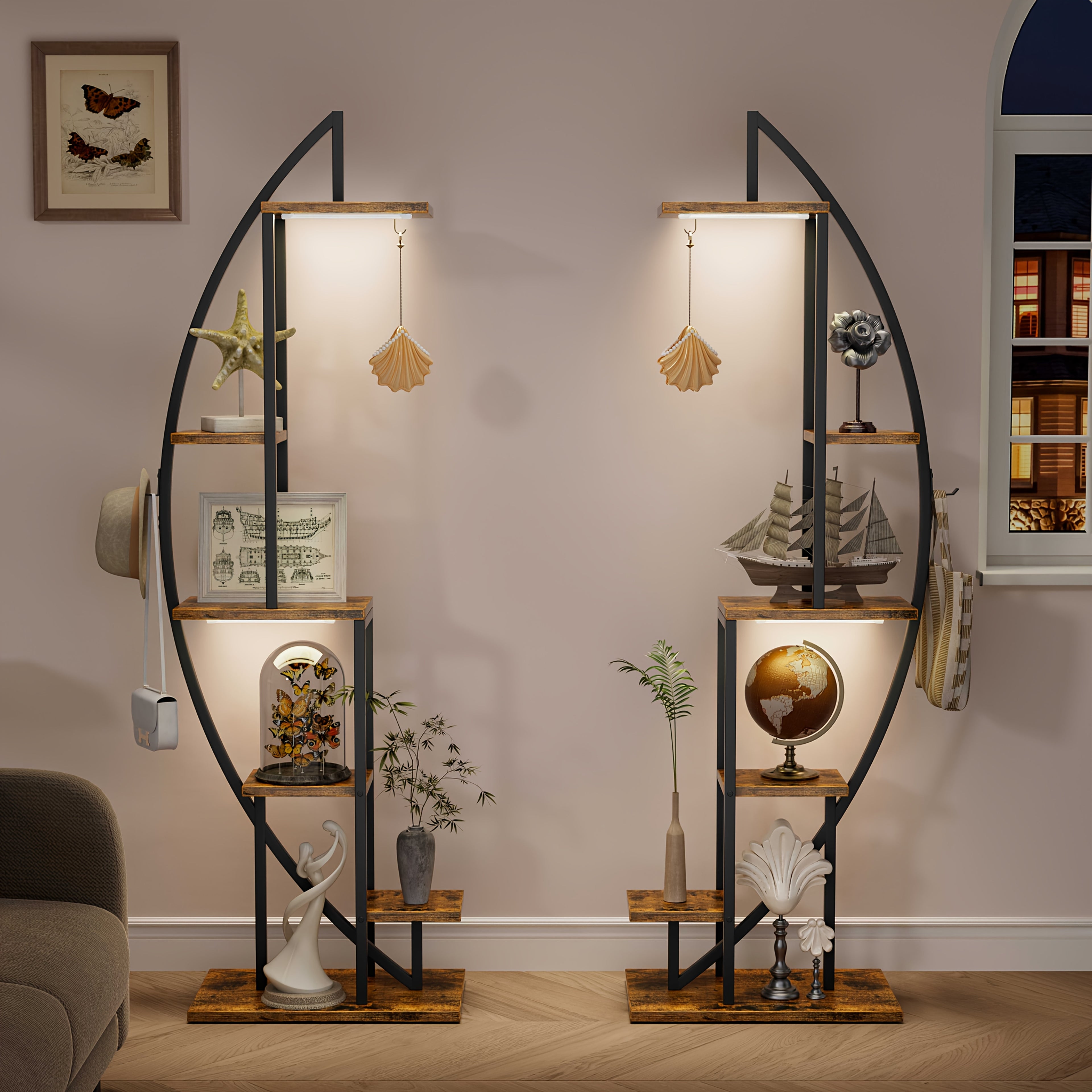 2pcs Bookshelf With Light, 6-tier Display Stands, 63\