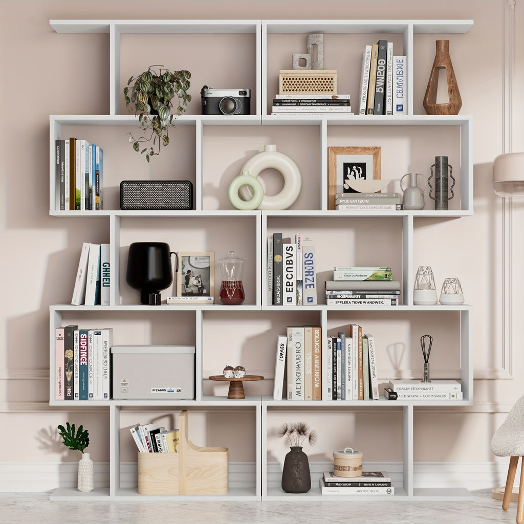 Aurorome 5-Tier Wooden Geometric S-Shaped Bookcase, Set Of 2 Storage Rack with Open Shelves, Shelving for Plant Album, Trinket Display, Spacious Storage Display Shelf - 62.5\
