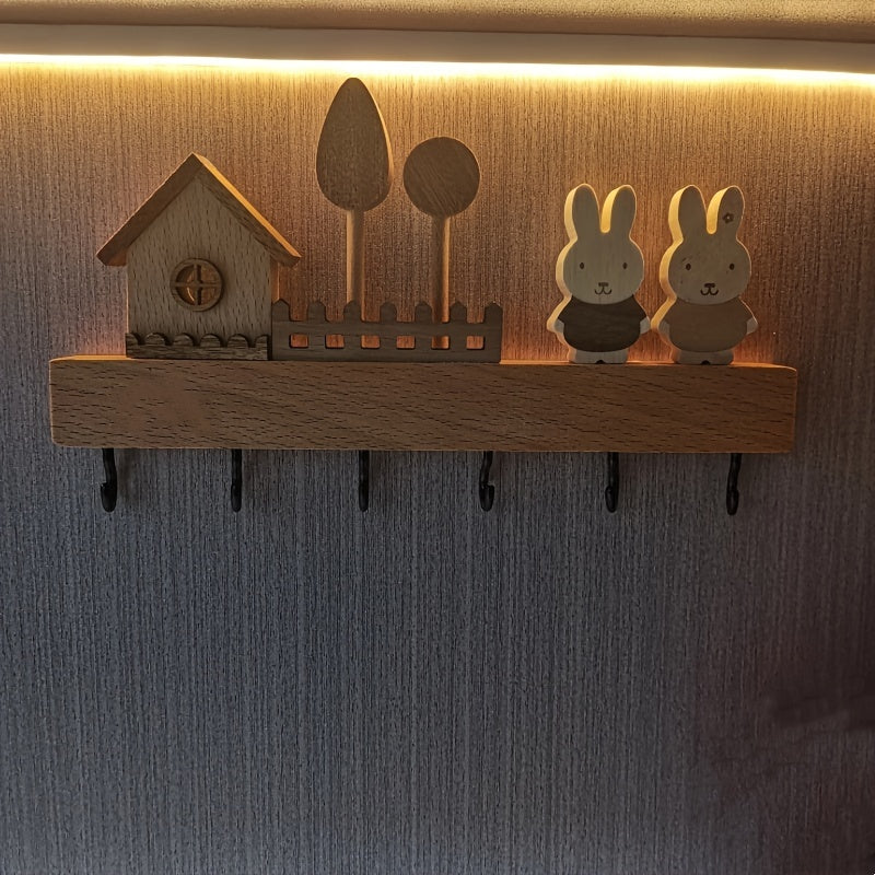 1pcs solid wood rabbit hook, solid wood key hook shelving, hanging key storage coat and hat hook