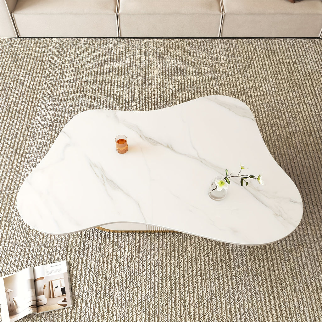 Modern Butterfly Coffee Table with Sintered Stone Top Oval Center Table with Storage Shelf & Drawer, Stainless Steel Base & MDF Cabinet