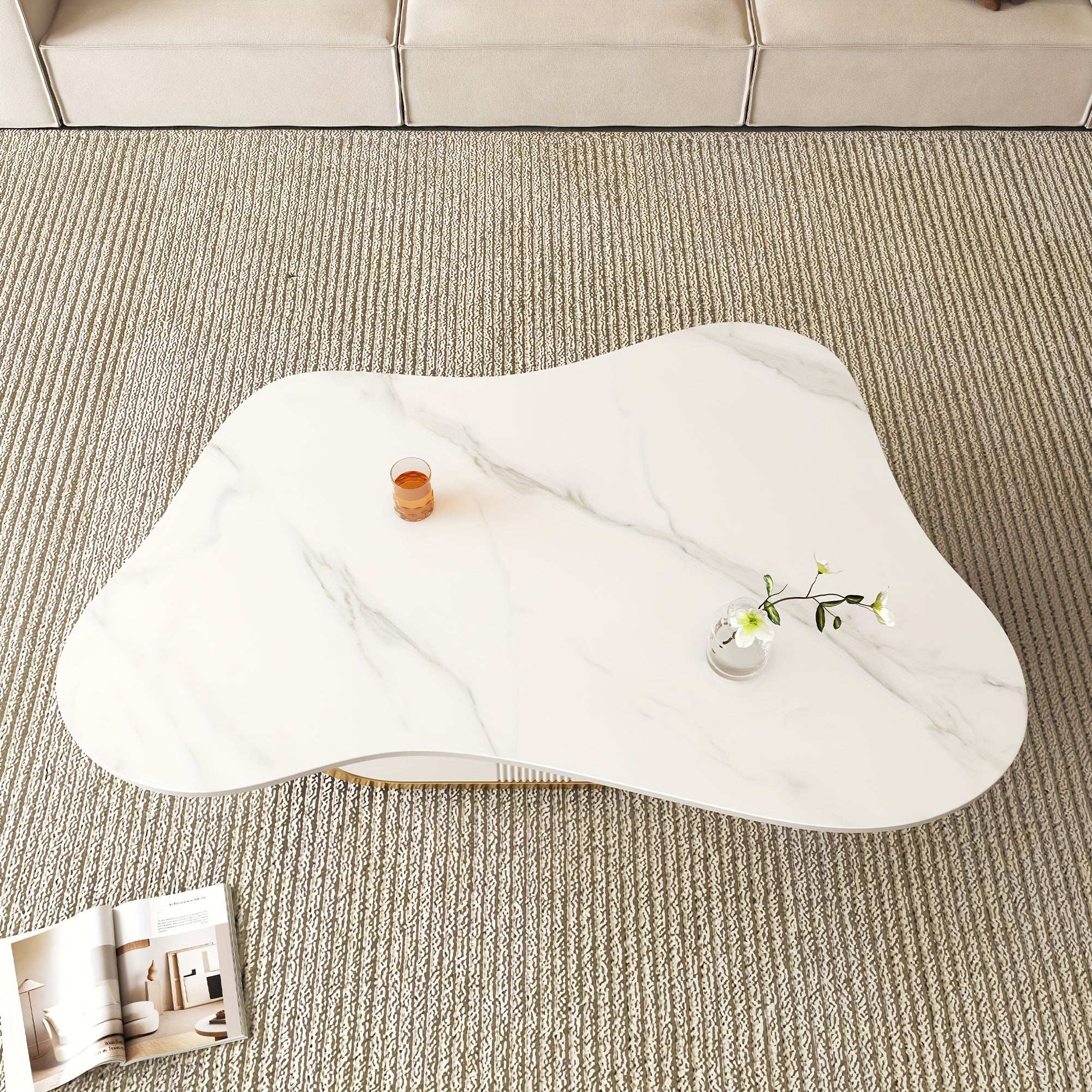 Modern Butterfly Coffee Table with Sintered Stone Top Oval Center Table with Storage Shelf & Drawer, Stainless Steel Base & MDF Cabinet