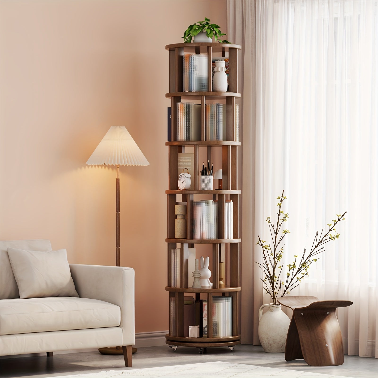 Furniture For Home Solid Wood Rotating Bookshelf With Brake Wheels In Classic Walnut, 360° Display 6 Tier Stackable Spinning Bookshelf Tower, Revolving Bookcase For Small Space Free Shipping
