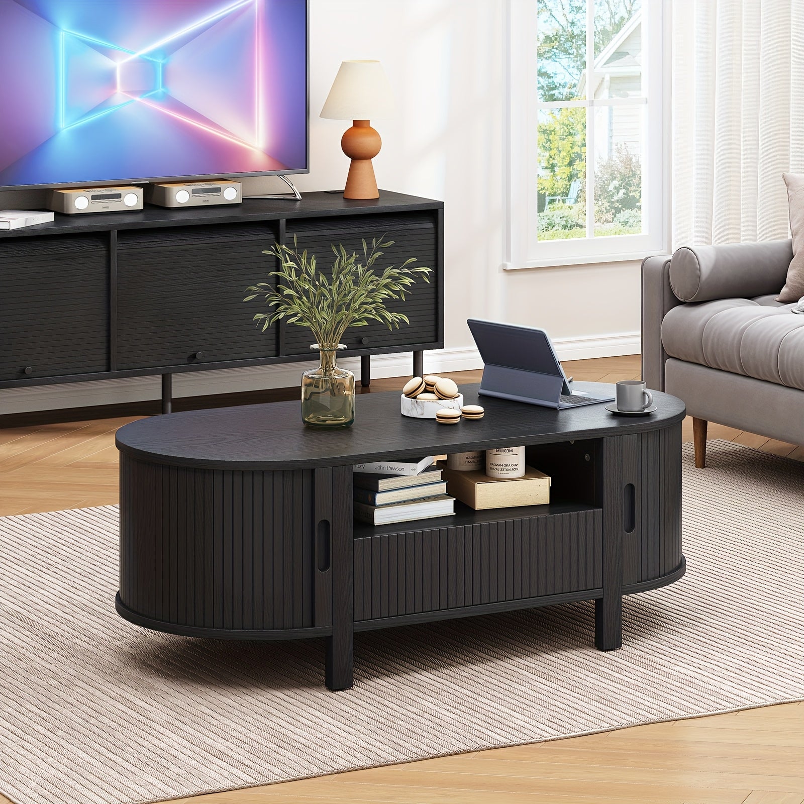 47.2 Inch Oval Coffee Table With Storage, Mid Century Modern Coffee Table With Drawer, Center Tables With Sliding Door And Wood Fluted Handle For Living Room, Walnut\u002FBlackNatural White