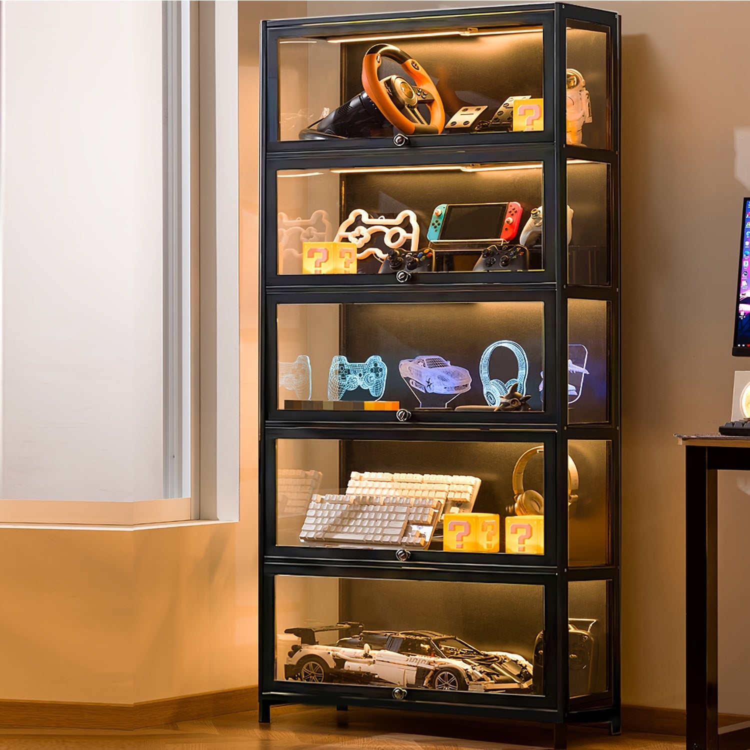 Display Cabinet 5-Tier Memorabilia Display Case - Versatile Organizer with Acrylic Glass Doors for Collectibles, Toy Organizers Rack, Books, And Kitchenware | Ideal Gift for Decor