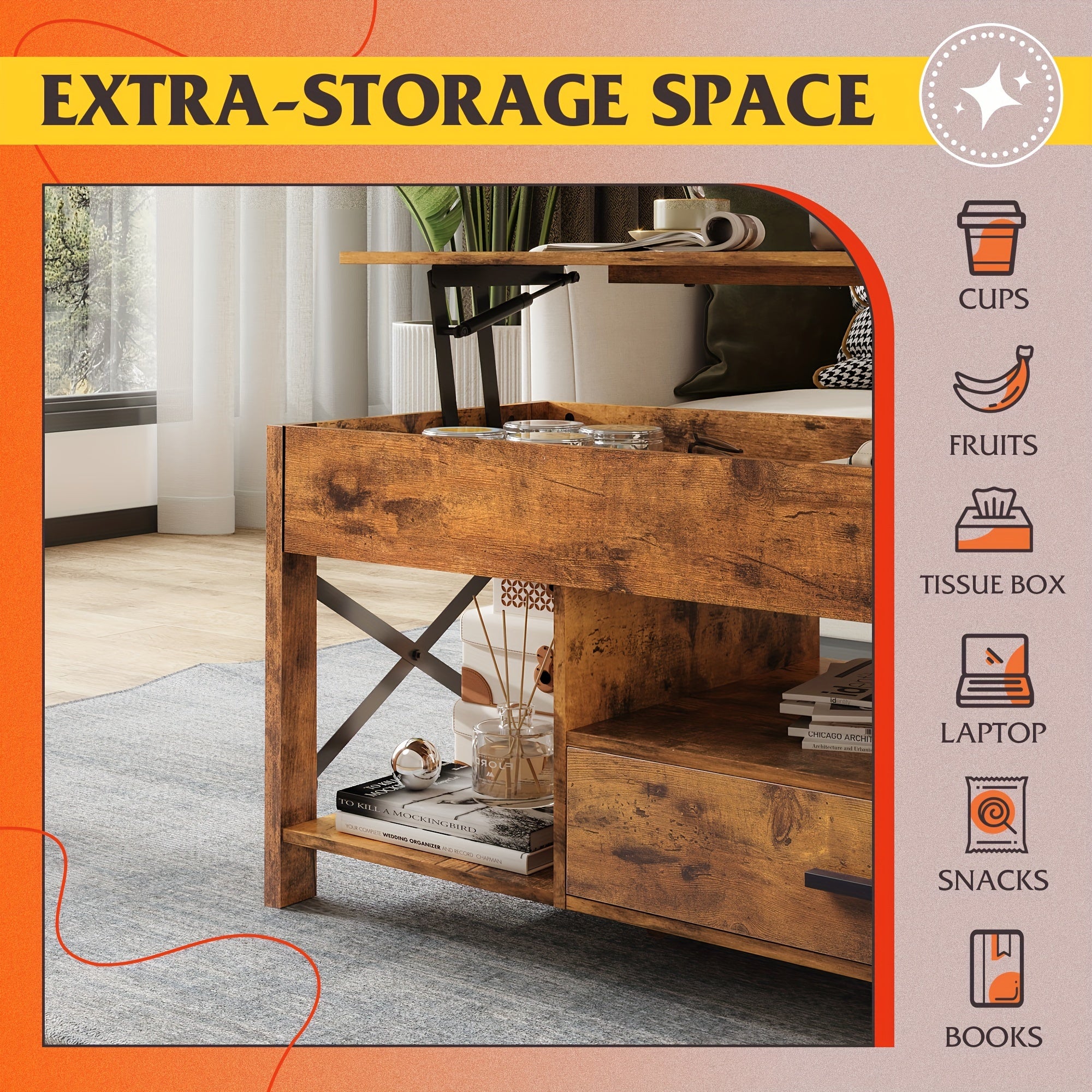 Lift Top Coffee Table for Living Room, Coffee Table with Storage, Hidden Compartment And Metal Frame, Central Table for Reception Room