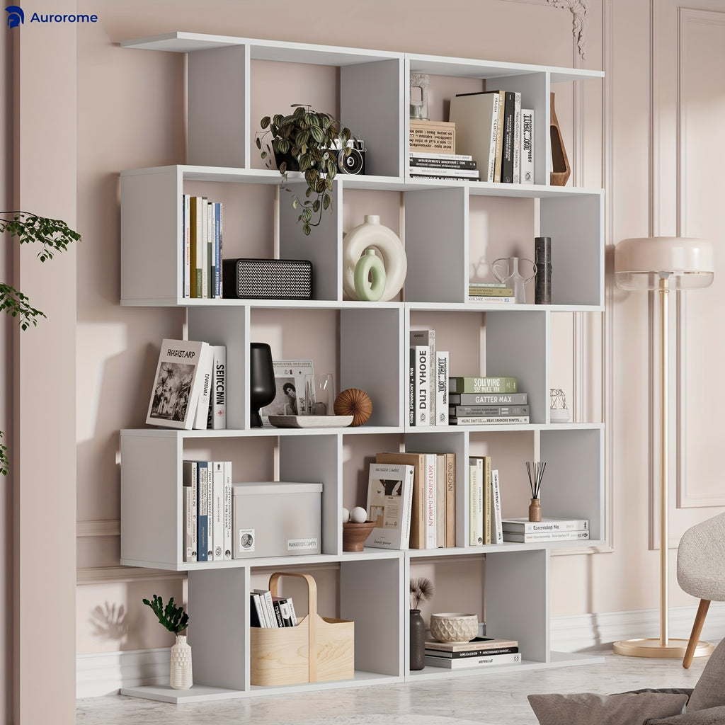 Aurorome 5-Tier Wooden Geometric S-Shaped Bookcase, Set Of 2 Storage Rack with Open Shelves, Shelving for Plant Album, Trinket Display, Spacious Storage Display Shelf - 62.5\