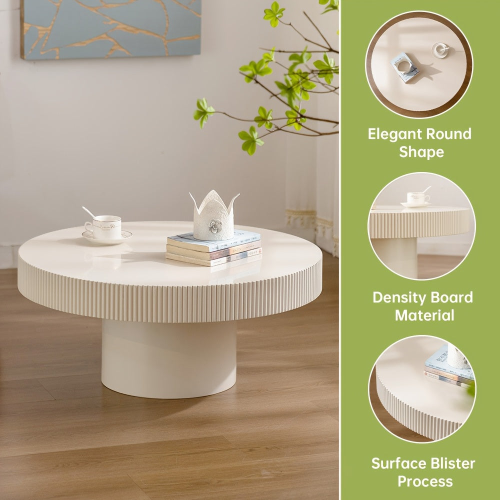 Elegant White Round Drum Coffee Table – Mid-Century Modern Design, Sturdy Circular Pedestal Base with Fluted Edges, Ideal for Living Room or Farmhouse Decor, Farmhouse Coffee Table|Minimalist Design|Sturdy Pedestal Base, Coffee Table for Living Room