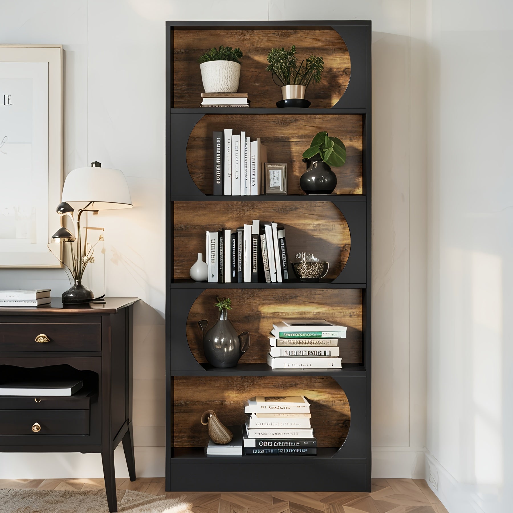 5 Tier Bookcase, Farmhouse Book Shelf with Storage, 70.87\