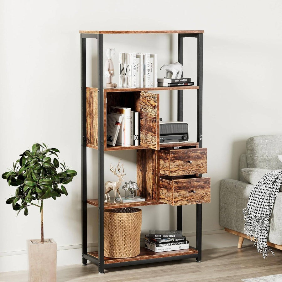 5 - Tier Bookshelf, Bookcase with 2 Storage Drawers and 1 Cabinet, Wooden Shelf with Metal Frame Open Book Shelves Standing Shelf Unit Living Room, Bedroom, Office
