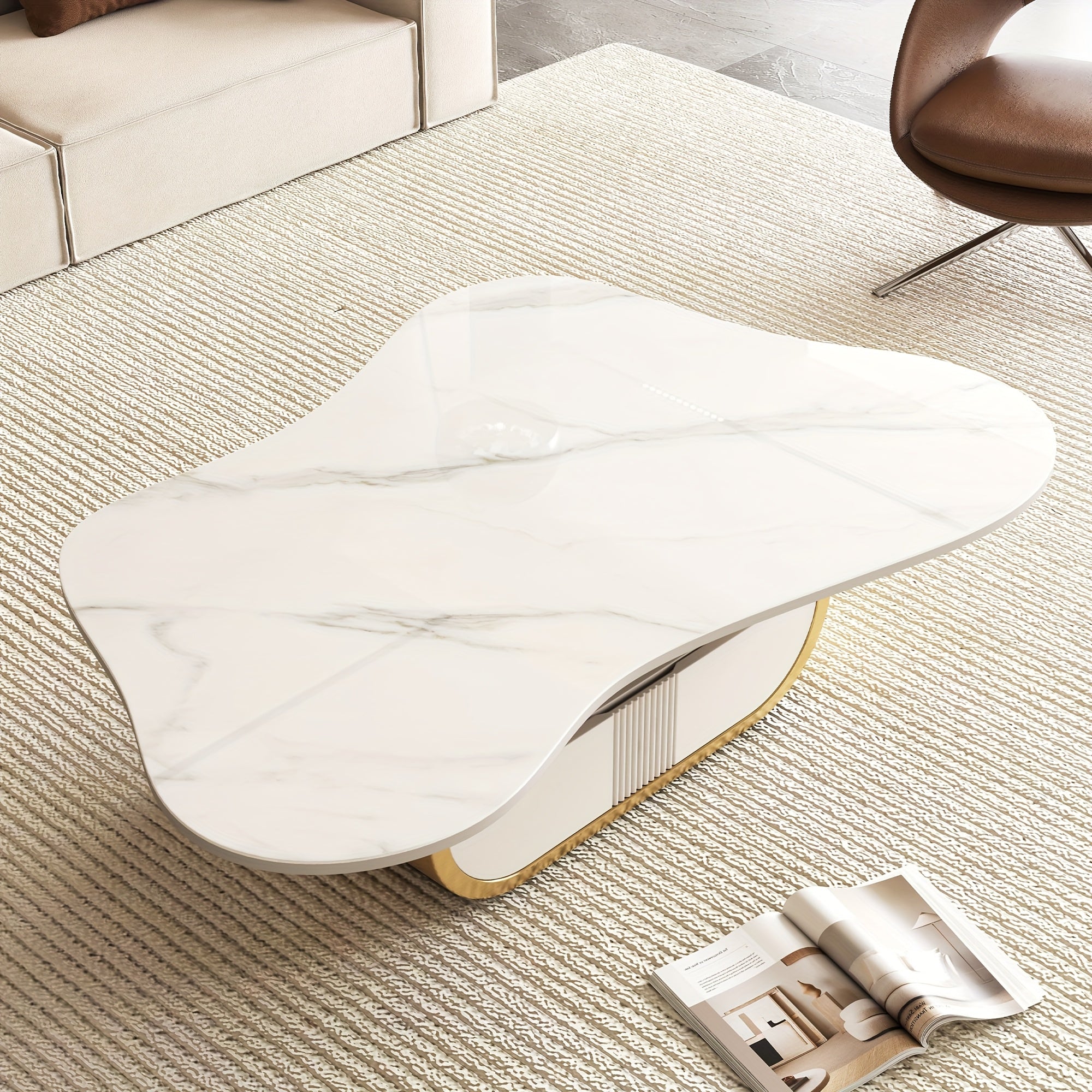 Modern Butterfly Coffee Table with Sintered Stone Top Oval Center Table with Storage Shelf & Drawer, Stainless Steel Base & MDF Cabinet