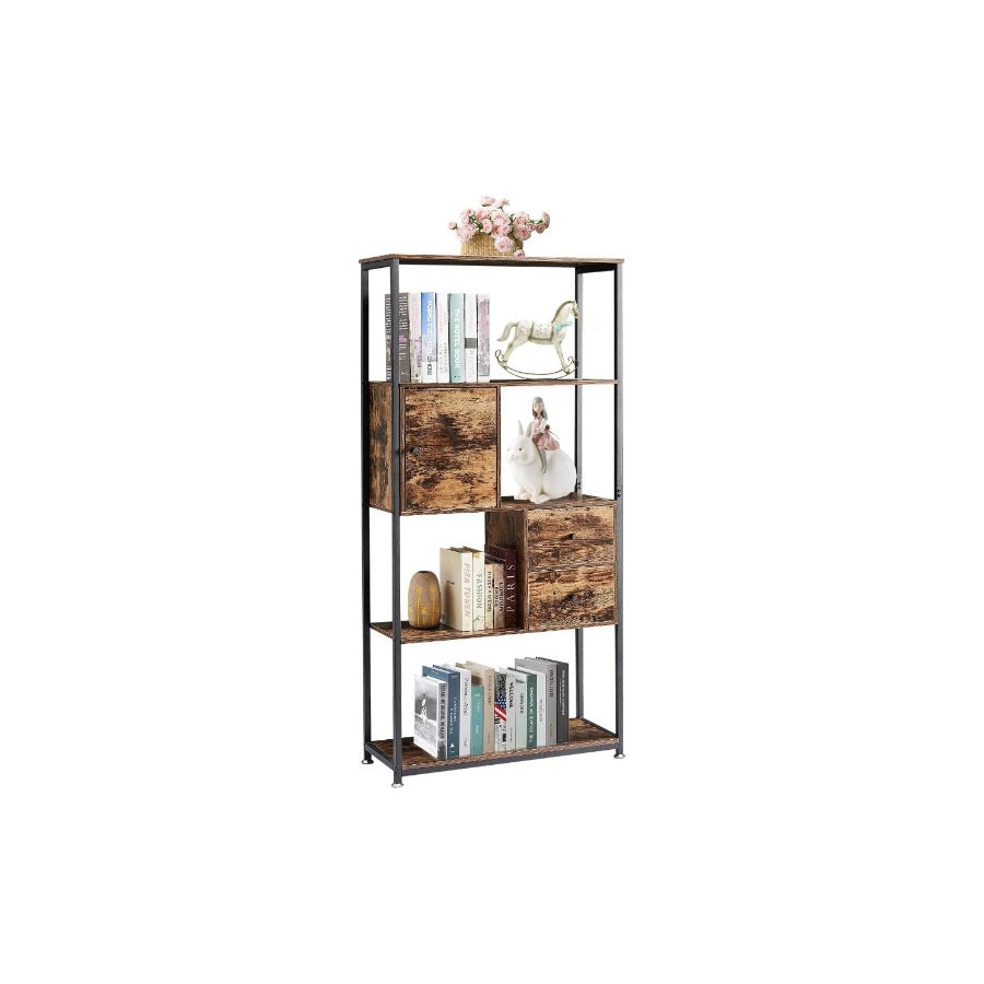5 - Tier Bookshelf, Bookcase with 2 Storage Drawers and 1 Cabinet, Wooden Shelf with Metal Frame Open Book Shelves Standing Shelf Unit Living Room, Bedroom, Office