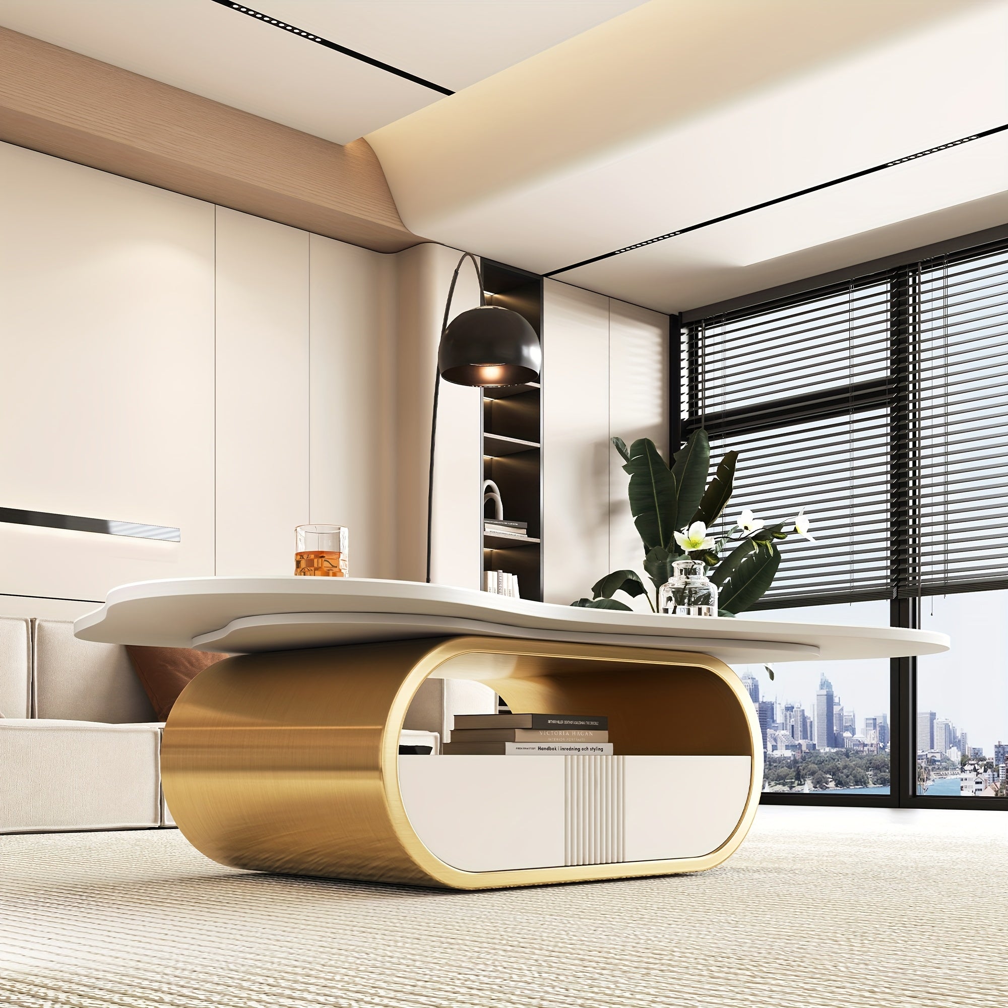 Modern Butterfly Coffee Table with Sintered Stone Top Oval Center Table with Storage Shelf & Drawer, Stainless Steel Base & MDF Cabinet