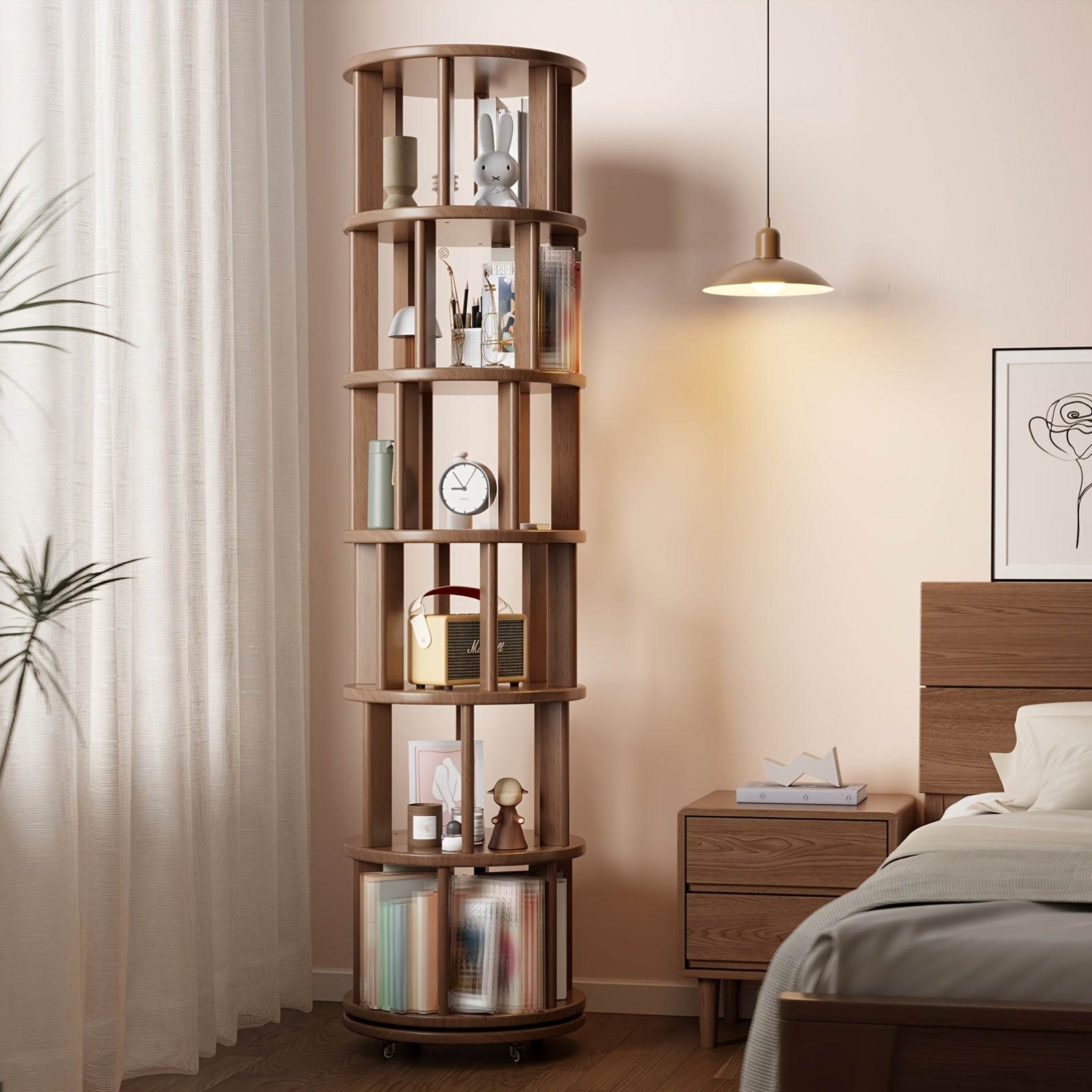 Furniture For Home Solid Wood Rotating Bookshelf With Brake Wheels In Classic Walnut, 360° Display 6 Tier Stackable Spinning Bookshelf Tower, Revolving Bookcase For Small Space Free Shipping