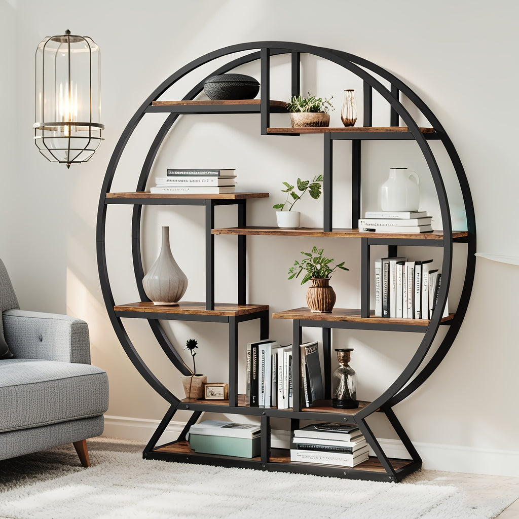 Bookcase Round 8 Tier Bookshelf Open Freestanding Storage Shelf Metal And Wood Plant Stand, Display Stand For Living Room Home Office Entryway Bedroom