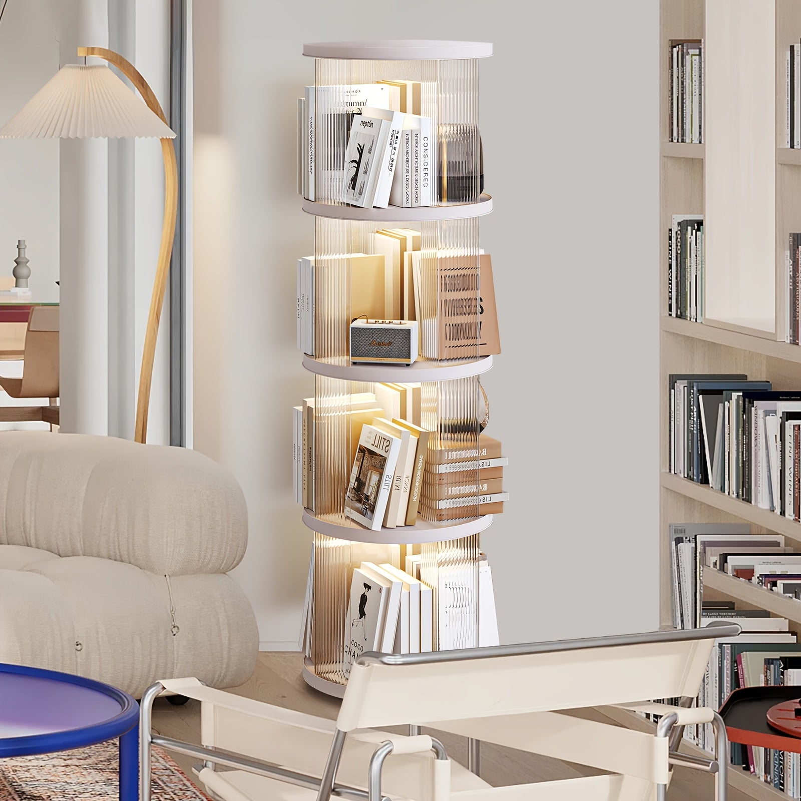 SYNCVIBE Rotating Bookshelf, Small Corner Bookshelf For Small Space, 360 Display 4 Tier Floor Standing Bookcase, Plastic Narrow Book Shelf Organizer For Bedroom, Living Room, White